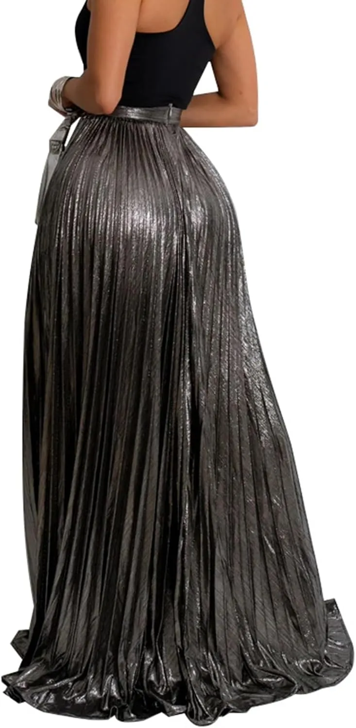 Bluewolfsea Women Long Skirts Sexy High Split High Waist Pleated A Line Swing Maxi Skirt Glitter Party Club Skirts