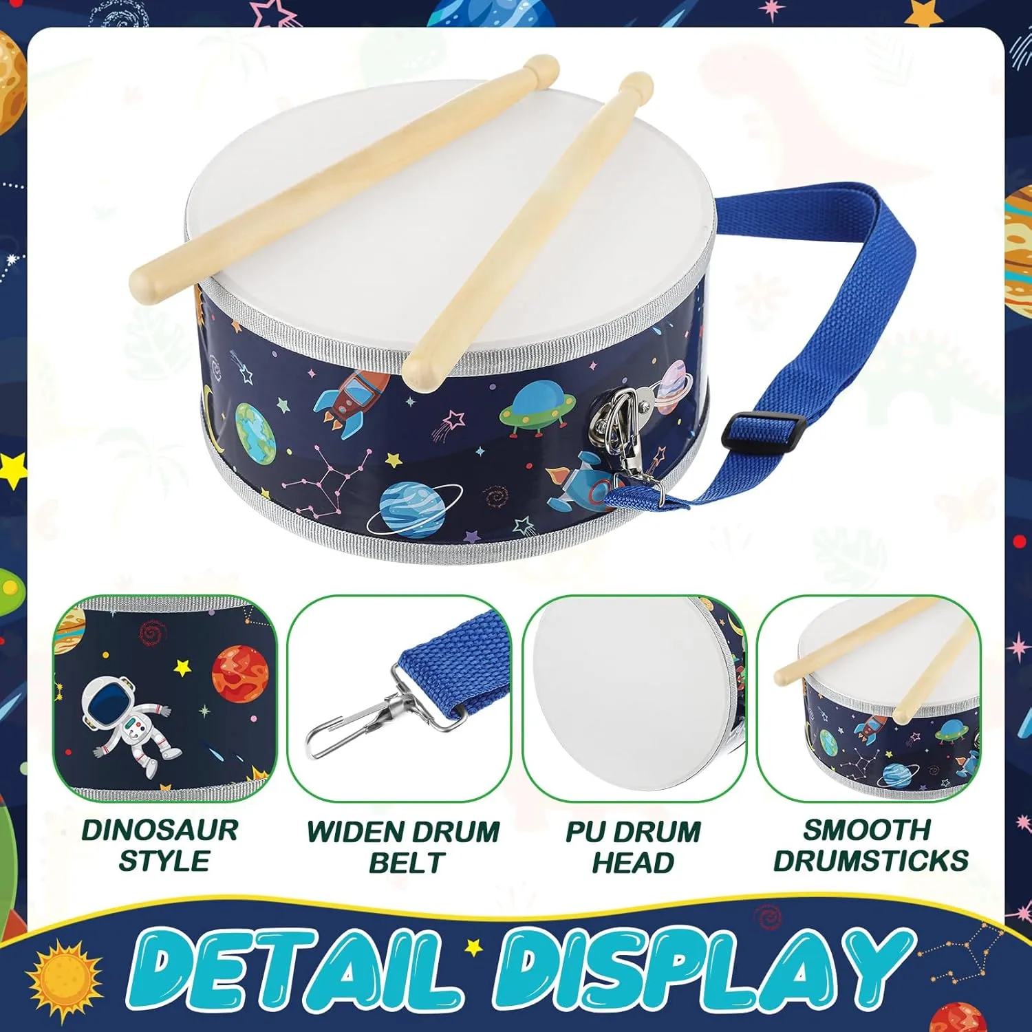 Boao Kids Drum Set for Toddler Over Age 6 Year Wooden Drum 8'' W x 3.7'' H Toys with Adjustable Strap and 2 Drumsticks Educational Kids' Musical Sensory Instruments for Birthday Gift(Blue,Space)