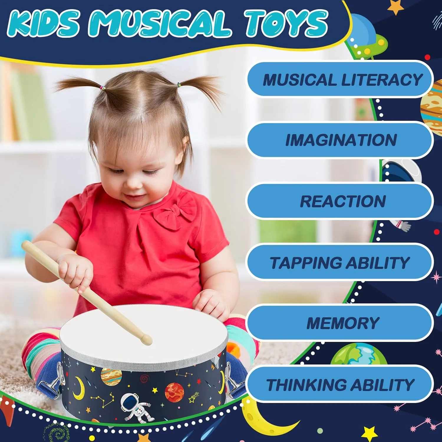Boao Kids Drum Set for Toddler Over Age 6 Year Wooden Drum 8'' W x 3.7'' H Toys with Adjustable Strap and 2 Drumsticks Educational Kids' Musical Sensory Instruments for Birthday Gift(Blue,Space)