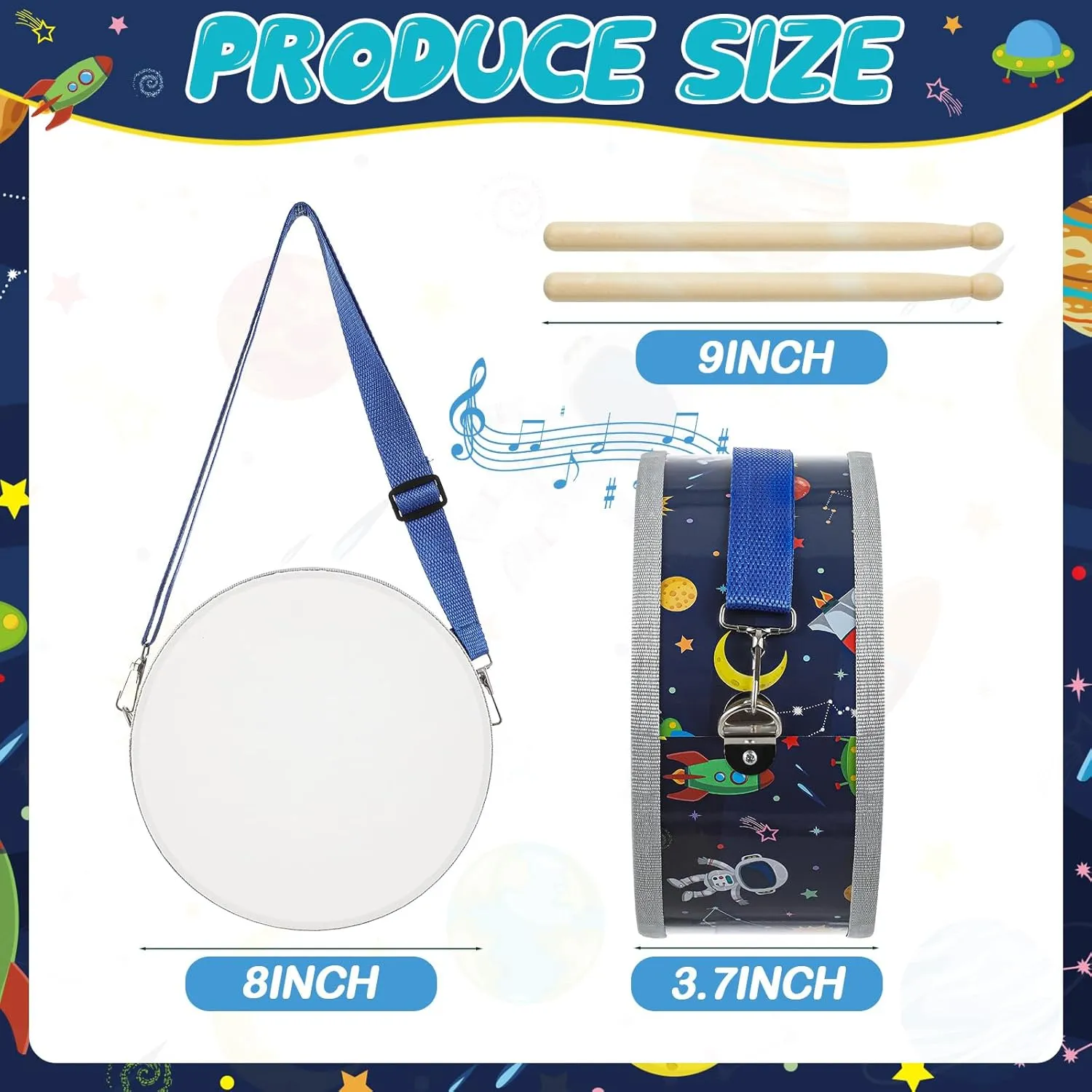 Boao Kids Drum Set for Toddler Over Age 6 Year Wooden Drum 8'' W x 3.7'' H Toys with Adjustable Strap and 2 Drumsticks Educational Kids' Musical Sensory Instruments for Birthday Gift(Blue,Space)