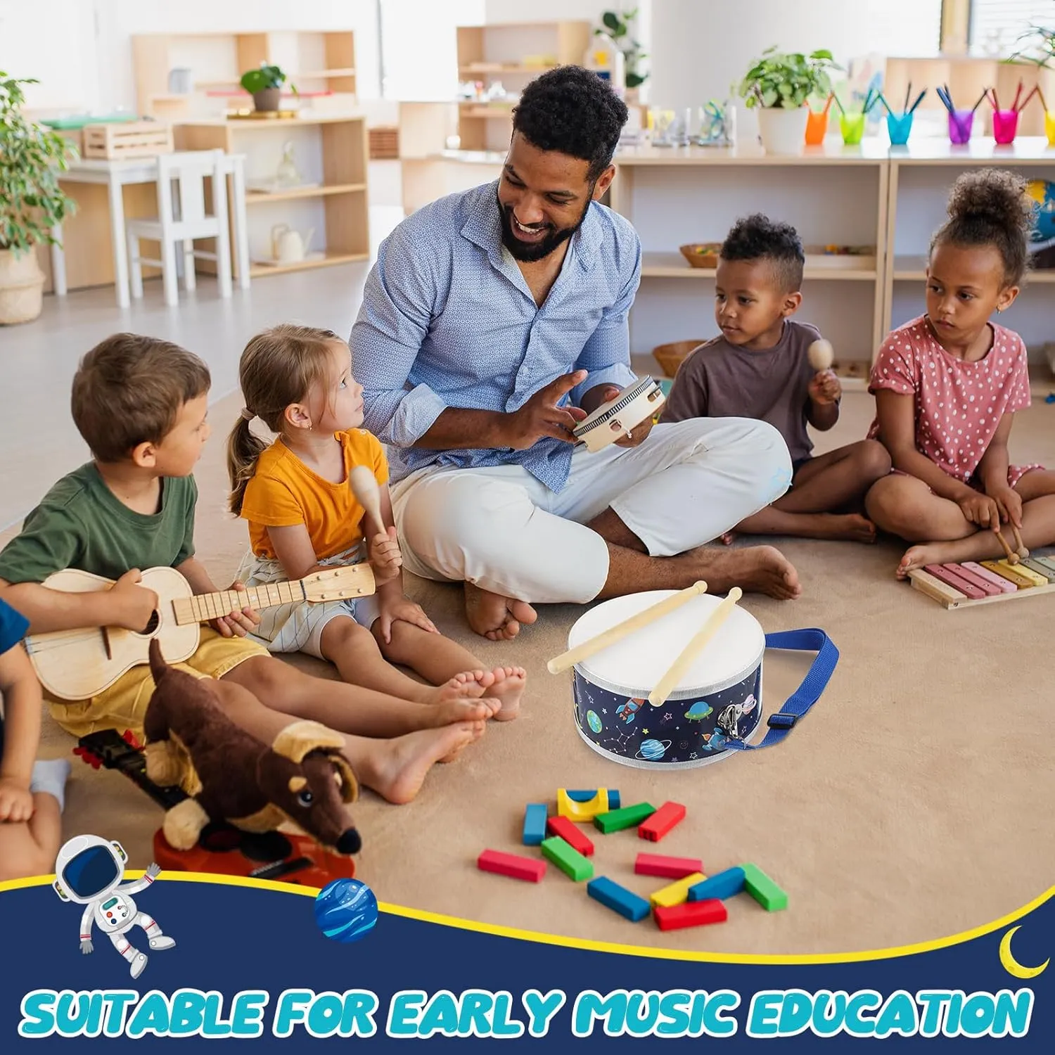 Boao Kids Drum Set for Toddler Over Age 6 Year Wooden Drum 8'' W x 3.7'' H Toys with Adjustable Strap and 2 Drumsticks Educational Kids' Musical Sensory Instruments for Birthday Gift(Blue,Space)