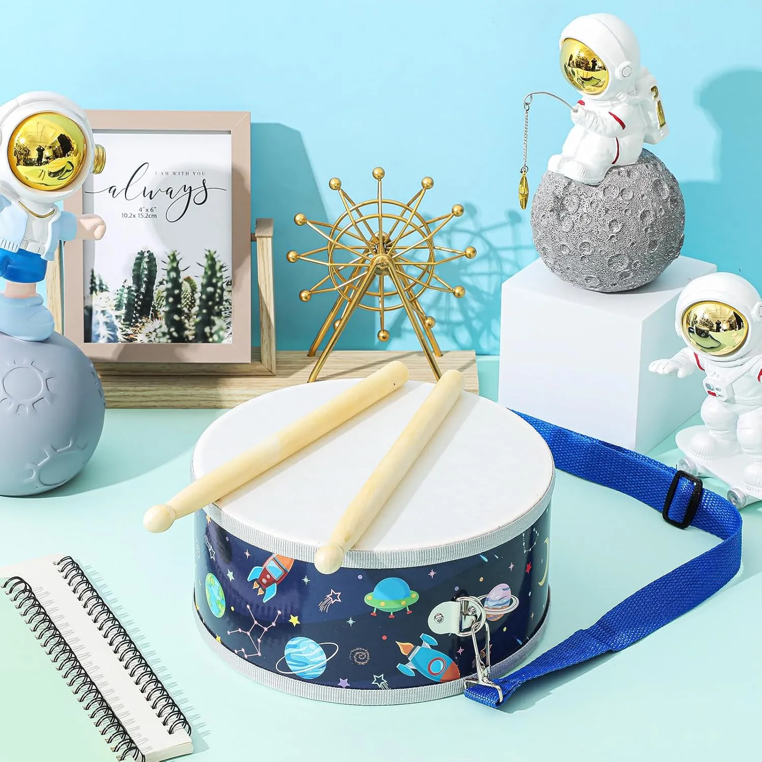 Boao Kids Drum Set for Toddler Over Age 6 Year Wooden Drum 8'' W x 3.7'' H Toys with Adjustable Strap and 2 Drumsticks Educational Kids' Musical Sensory Instruments for Birthday Gift(Blue,Space)