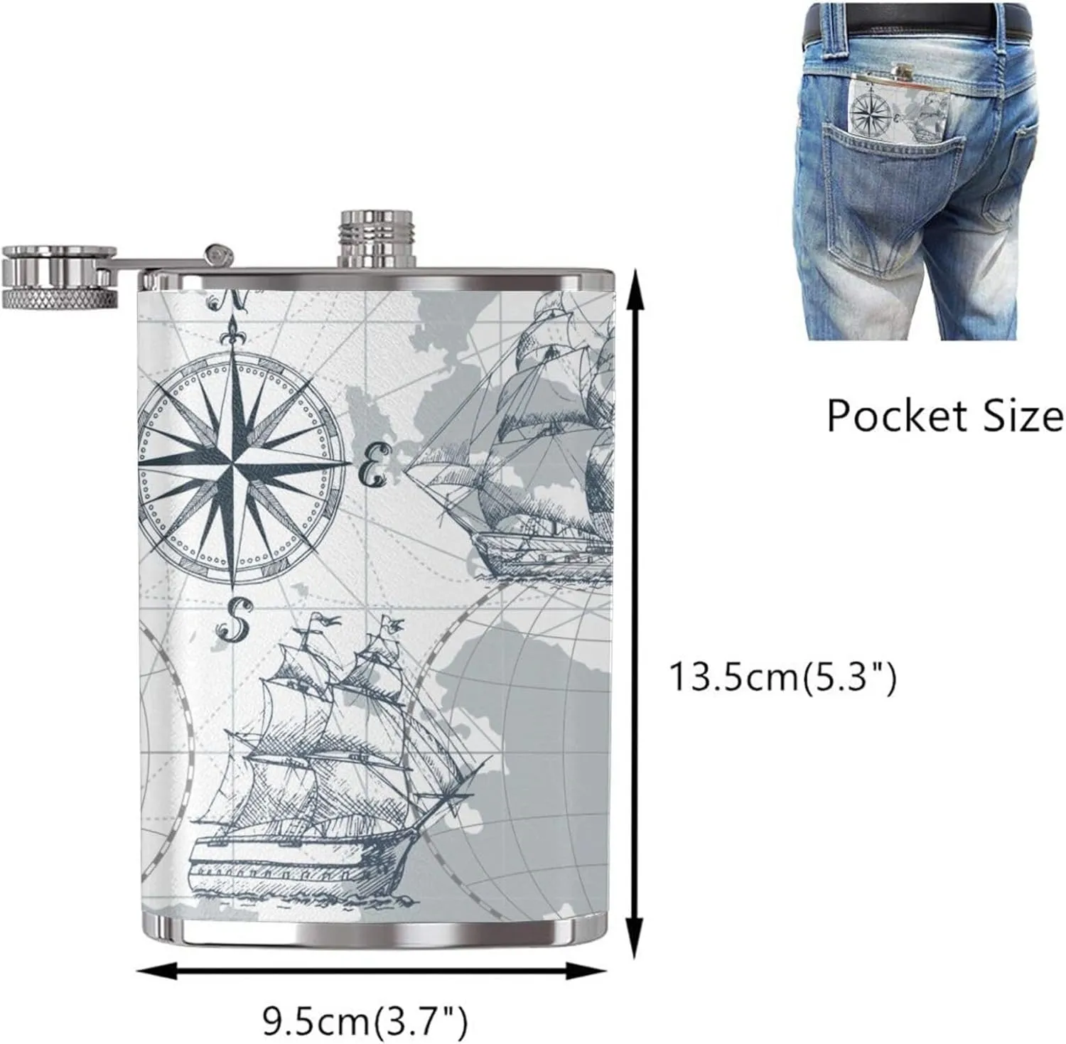Boat Map Portable Stainless Steel Small Flagon, Outdoor Flat Pocket Liquor Flask Wine Pot Hip Flask