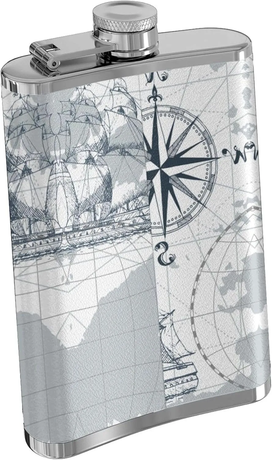 Boat Map Portable Stainless Steel Small Flagon, Outdoor Flat Pocket Liquor Flask Wine Pot Hip Flask