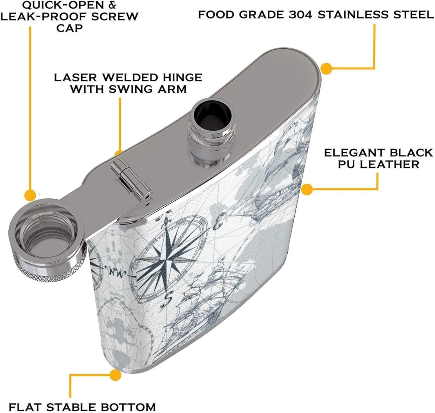 Boat Map Portable Stainless Steel Small Flagon, Outdoor Flat Pocket Liquor Flask Wine Pot Hip Flask