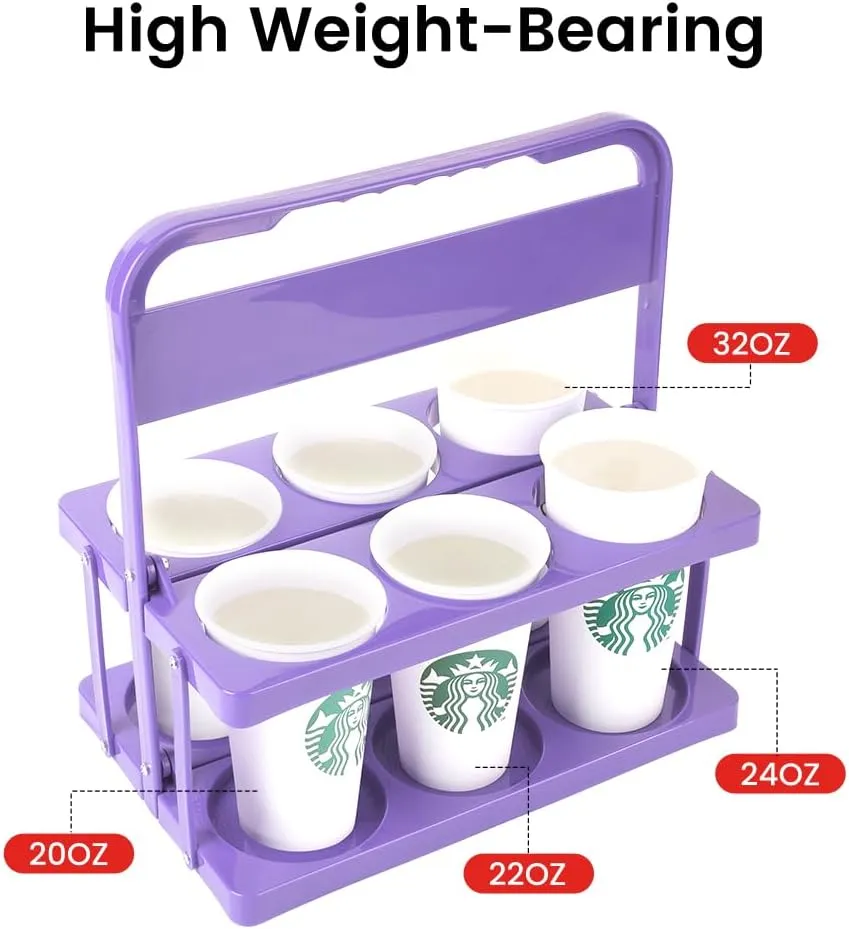 Bodaon 6 Cup Drink Carrier with Handle, Plastic Cup Holders for GrubHub/Doordash Delivery, Reusable Foldable Car Drink Caddy, Leakproof Food Delivery Accessories, 360° Secure Grip, Lavender