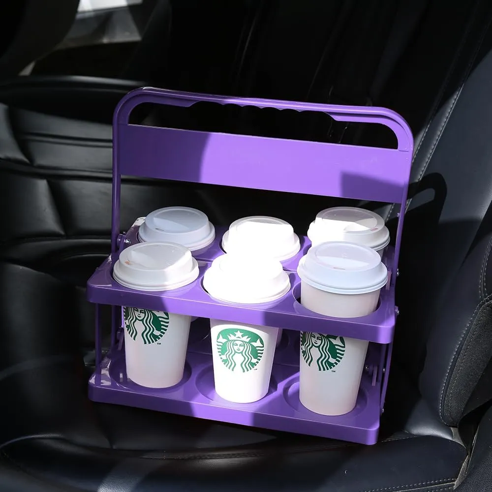 Bodaon 6 Cup Drink Carrier with Handle, Plastic Cup Holders for GrubHub/Doordash Delivery, Reusable Foldable Car Drink Caddy, Leakproof Food Delivery Accessories, 360° Secure Grip, Lavender
