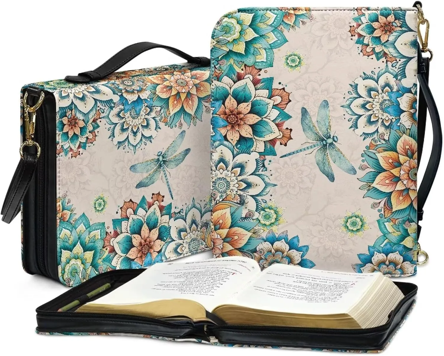 Boho Mandala Floral Bible Cover Bible Case for Women, Dragonfly Printed Bible Carrying Case Church Bag for Bible Study, Lightweight Bible Holder with Stap Bible Accessories, Green