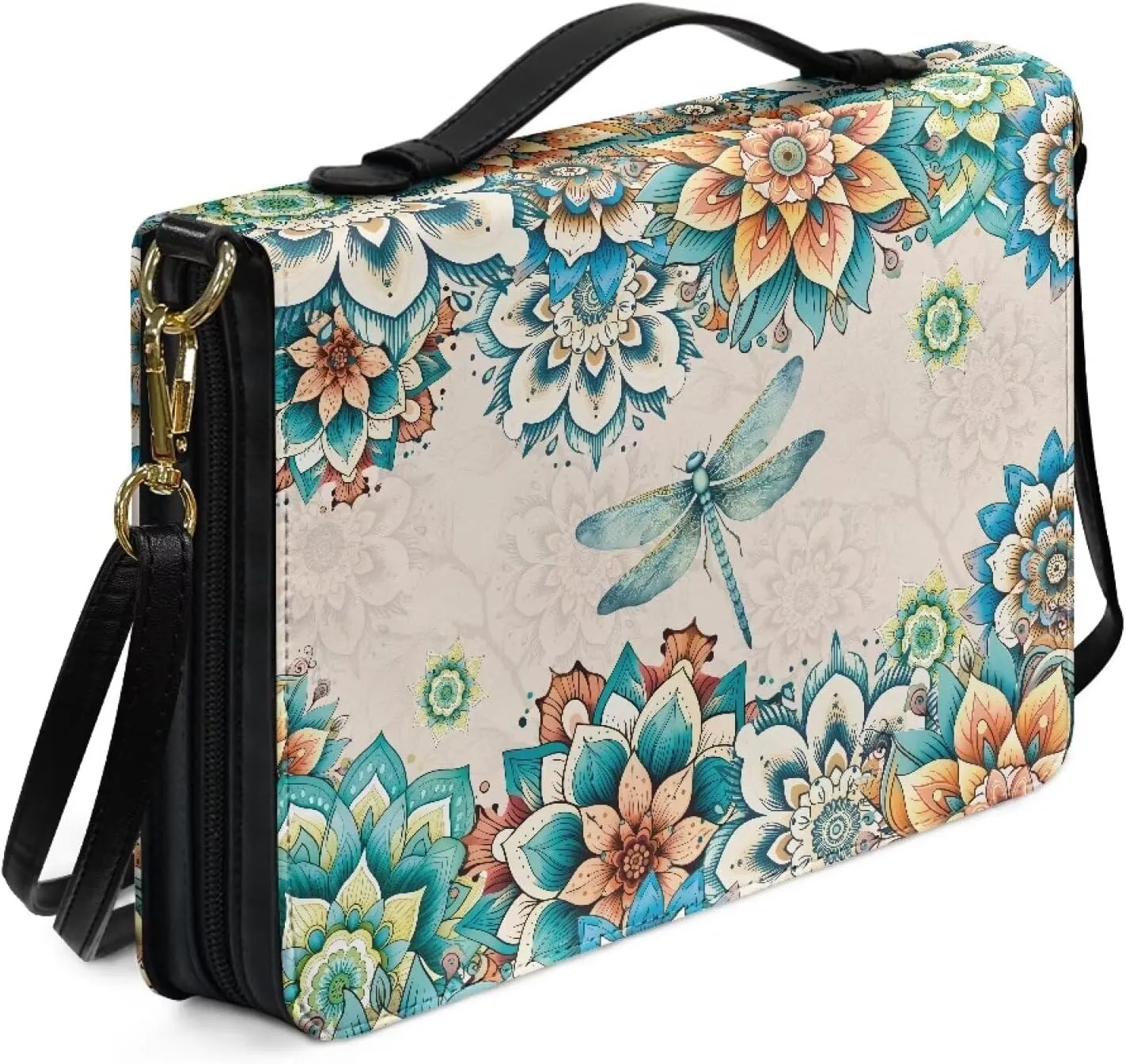 Boho Mandala Floral Bible Cover Bible Case for Women, Dragonfly Printed Bible Carrying Case Church Bag for Bible Study, Lightweight Bible Holder with Stap Bible Accessories, Green