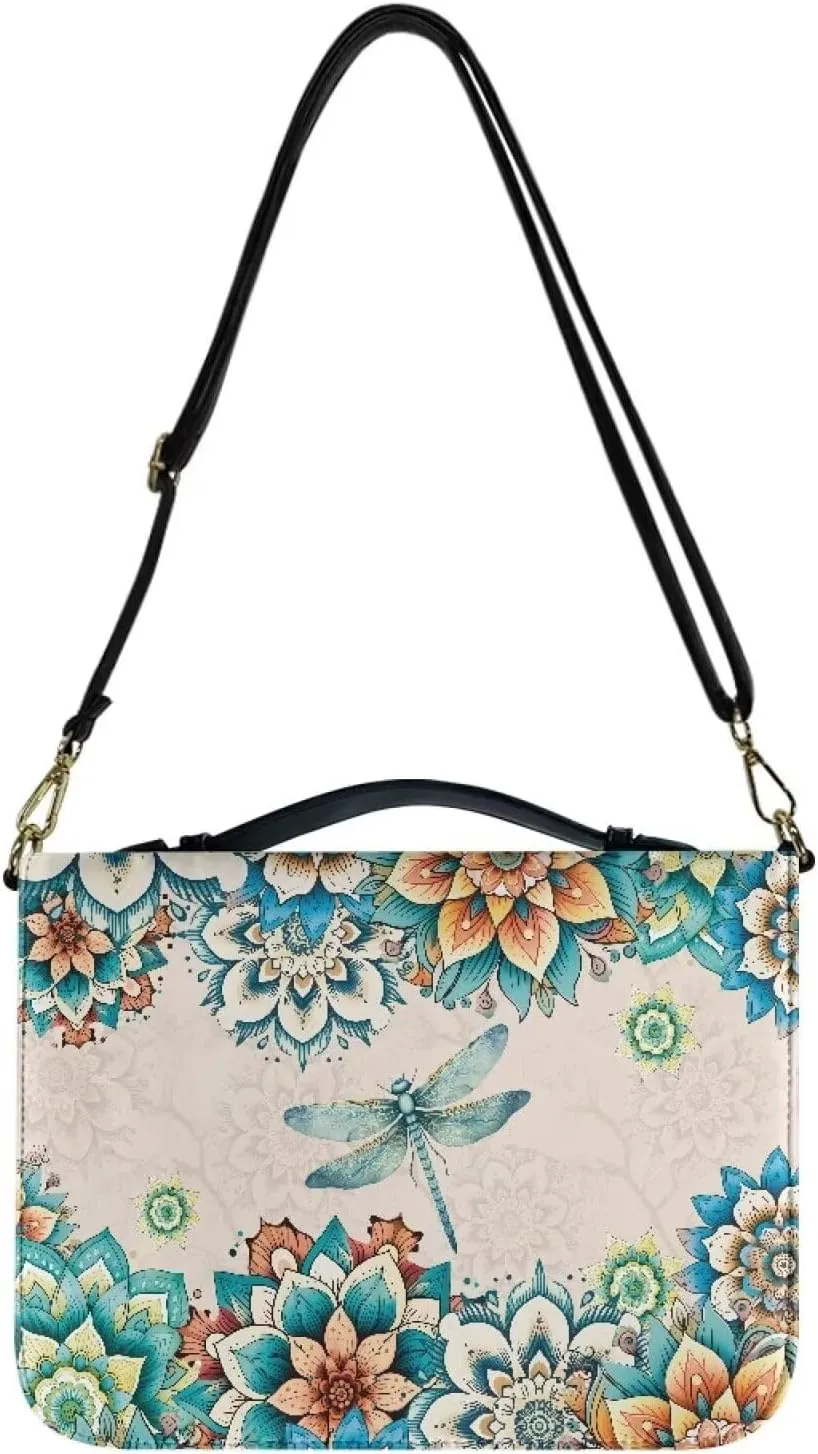 Boho Mandala Floral Bible Cover Bible Case for Women, Dragonfly Printed Bible Carrying Case Church Bag for Bible Study, Lightweight Bible Holder with Stap Bible Accessories, Green