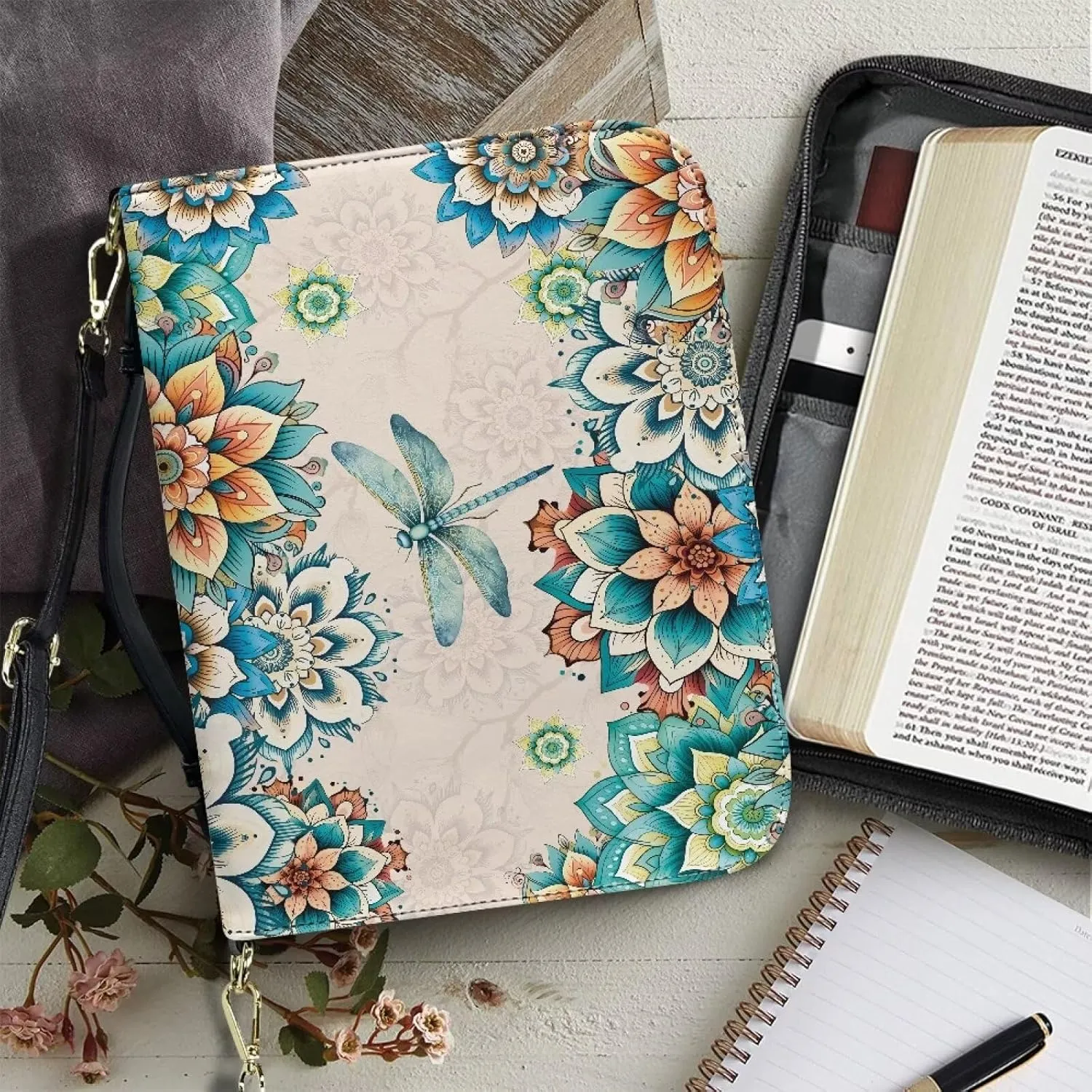 Boho Mandala Floral Bible Cover Bible Case for Women, Dragonfly Printed Bible Carrying Case Church Bag for Bible Study, Lightweight Bible Holder with Stap Bible Accessories, Green