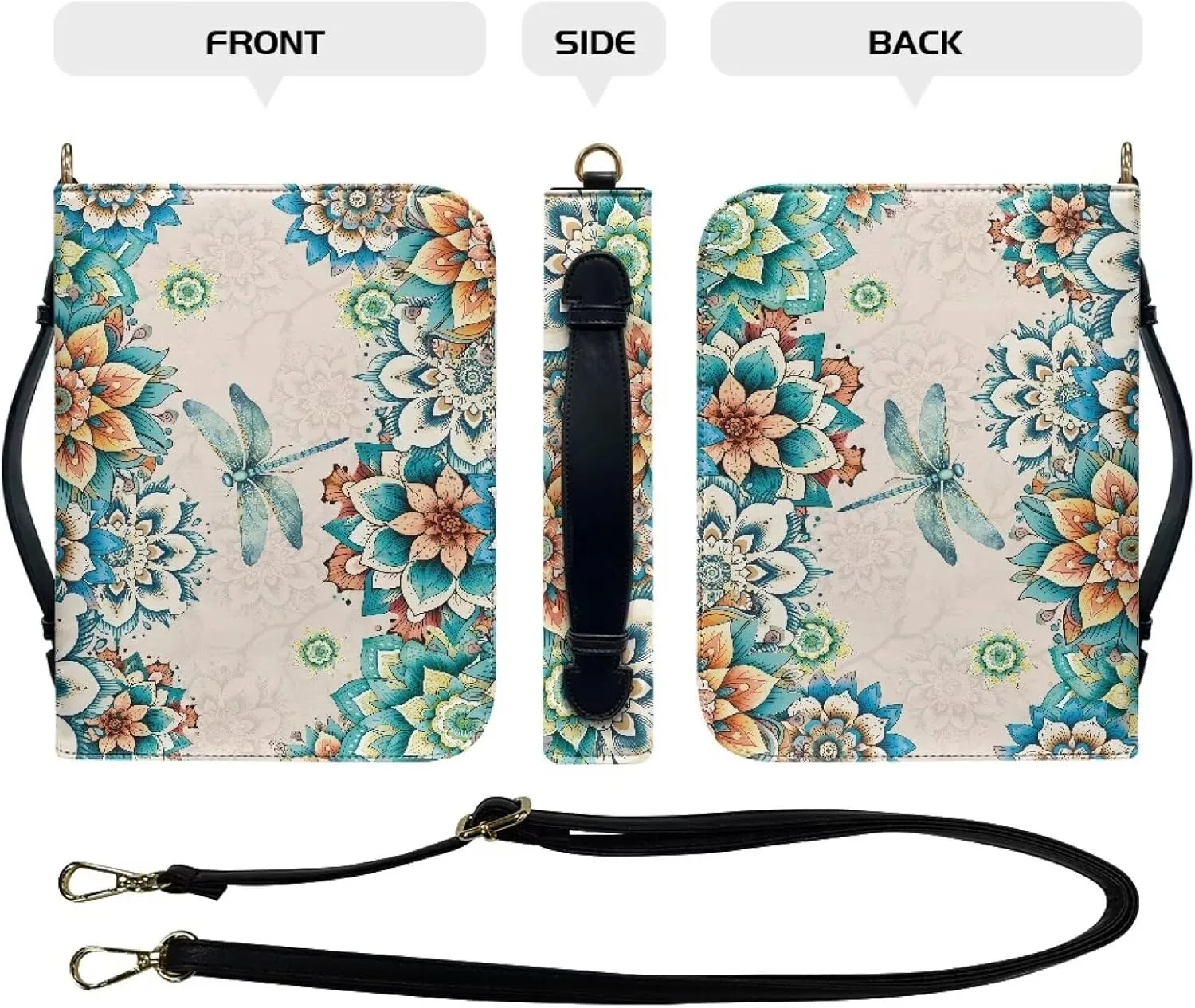 Boho Mandala Floral Bible Cover Bible Case for Women, Dragonfly Printed Bible Carrying Case Church Bag for Bible Study, Lightweight Bible Holder with Stap Bible Accessories, Green