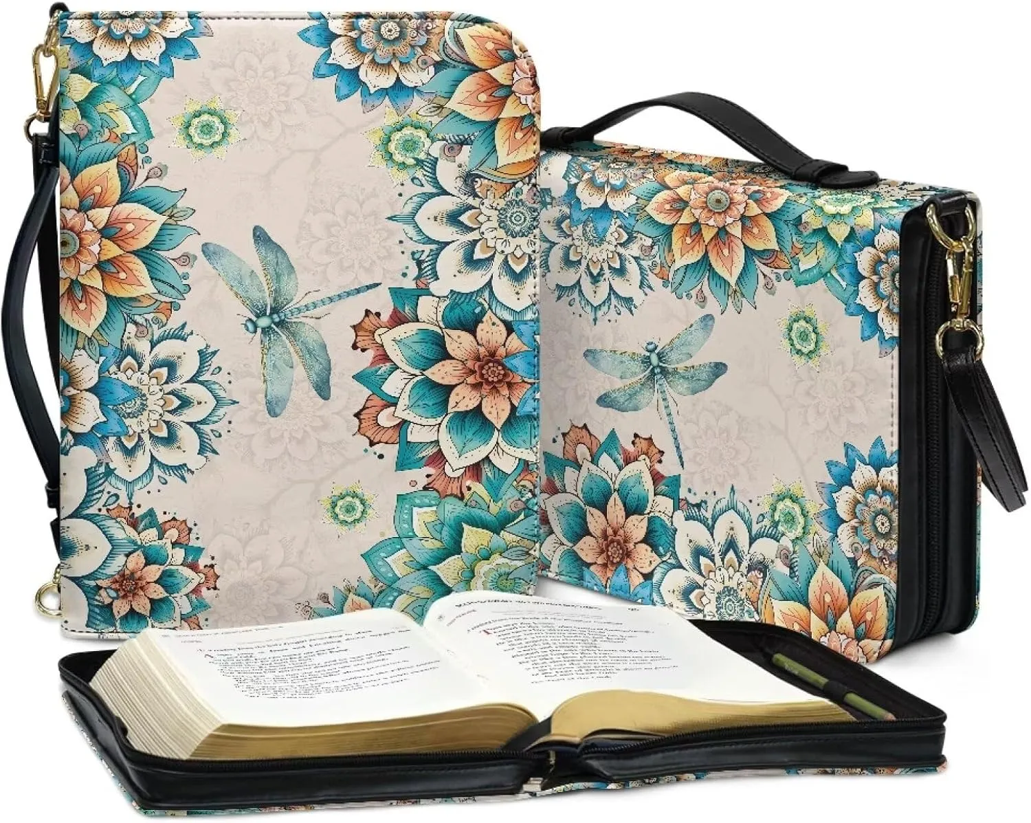 Boho Mandala Floral Bible Cover Bible Case for Women, Dragonfly Printed Bible Carrying Case Church Bag for Bible Study, Lightweight Bible Holder with Stap Bible Accessories, Green