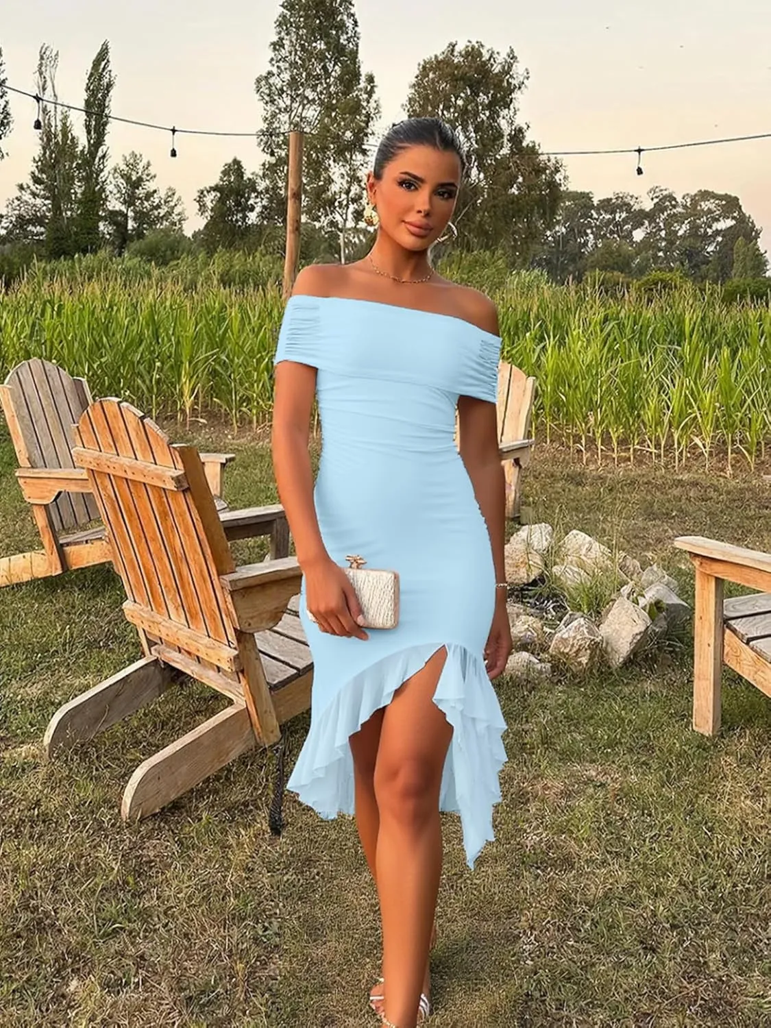 BORIFLORS Women's Sexy Off The Shoulder Bodycon Midi Dresses Elegant Ruched Ruffle Hem Cocktail Party Dress