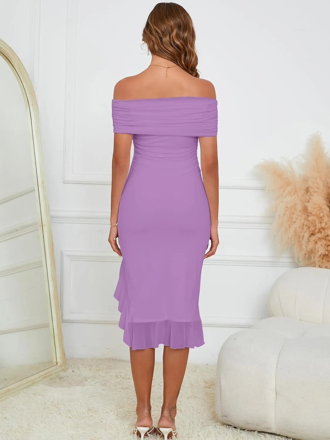 BORIFLORS Women's Sexy Off The Shoulder Bodycon Midi Dresses Elegant Ruched Ruffle Hem Cocktail Party Dress