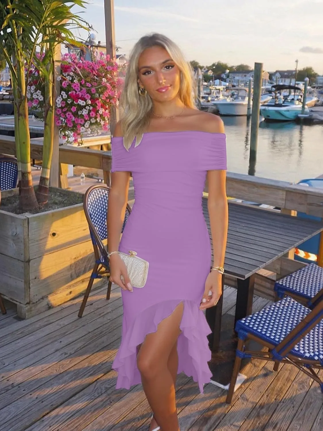 BORIFLORS Women's Sexy Off The Shoulder Bodycon Midi Dresses Elegant Ruched Ruffle Hem Cocktail Party Dress