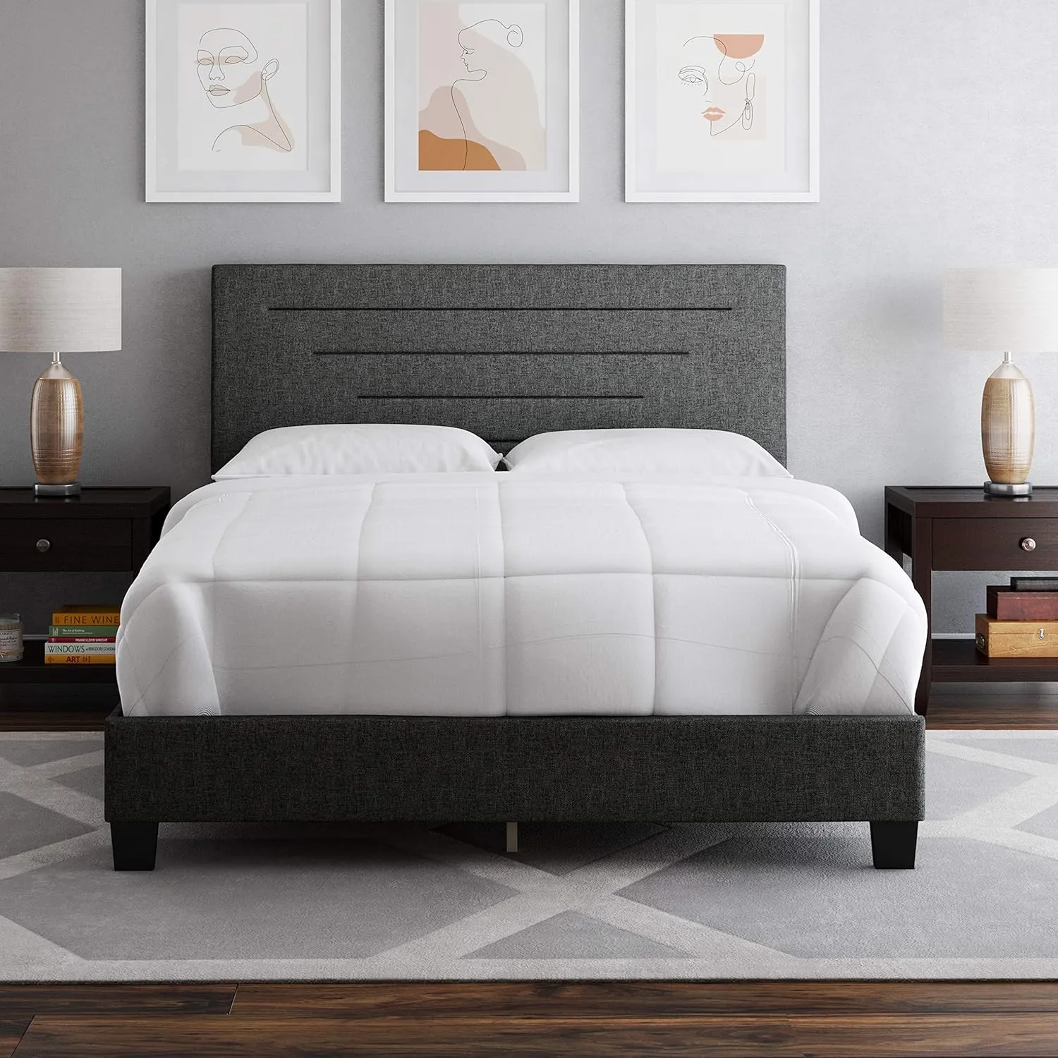Boyd Sleep Cordoba Upholstered Platform Bed with Headboard and Durable Mattress Foundation with Strong Wood Slat Supports, Box Spring Required: Queen, Charcoal