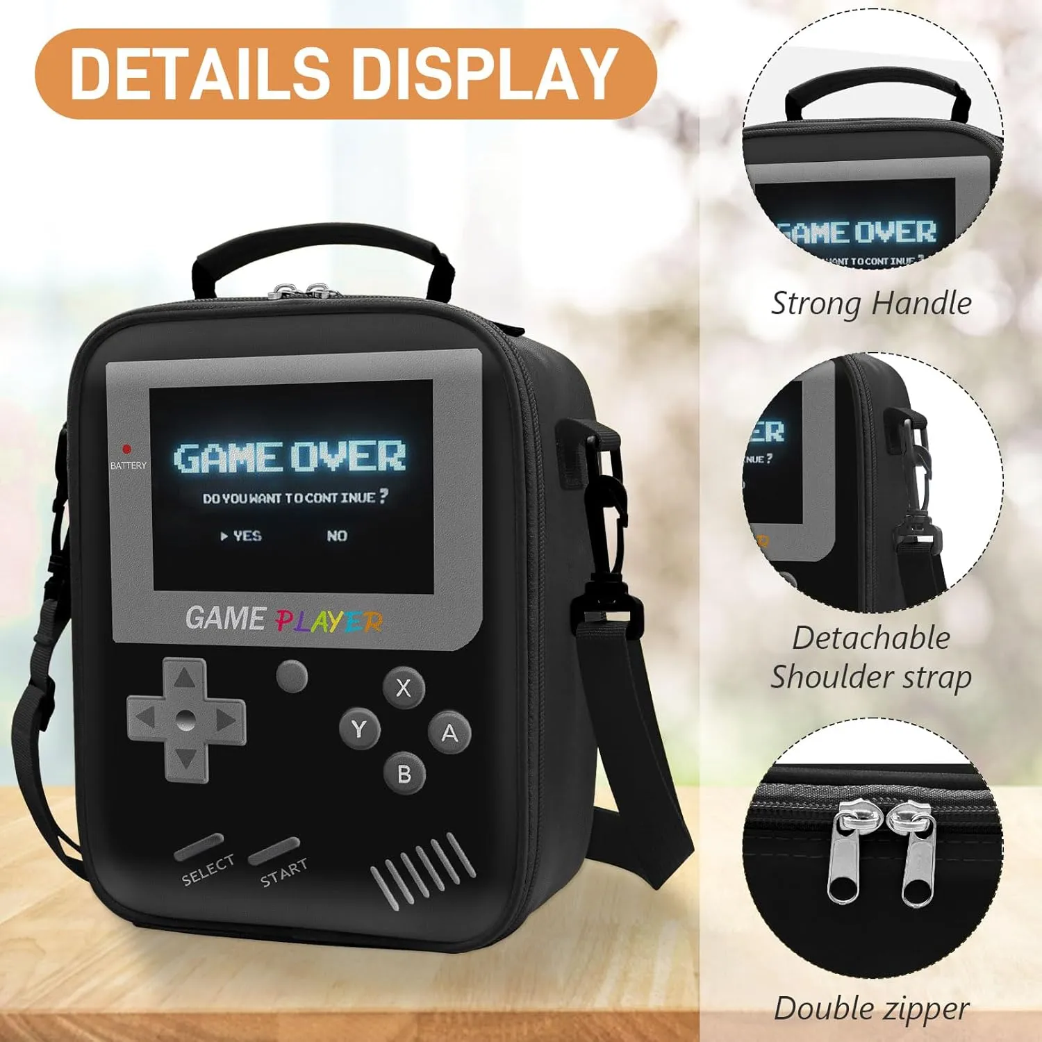 Boys Lunch Box for School, Gamer Boys Lunch Bag，Insulated Leather Video Game Lunch Boxes for Boy Girls Waterproof Leakproof with Adjustable Shoulder Strap