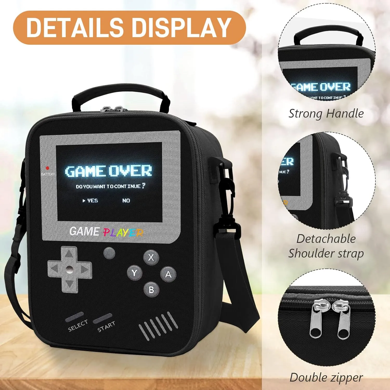 Boys Lunch Box for School, Gamer Kids Lunch Bag for Boys Girls, Insulated Video Game Lunchbox Waterproof Leakproof with Adjustable Shoulder Strap