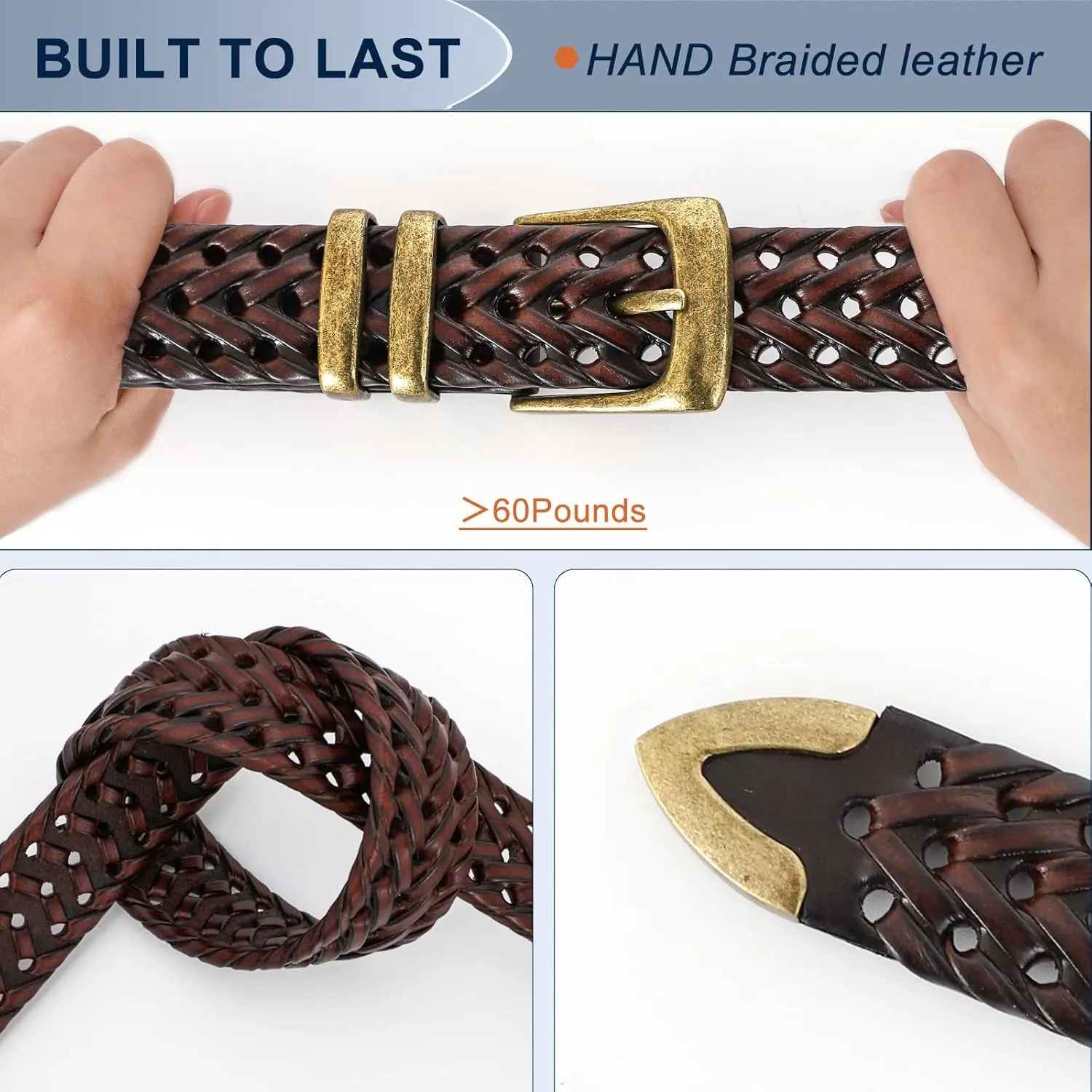 Braided Leather Belt for Men Casual Jeans Golf, Men's Leather Woven Alloy Buckle Hand Braided Belts Gift for Men