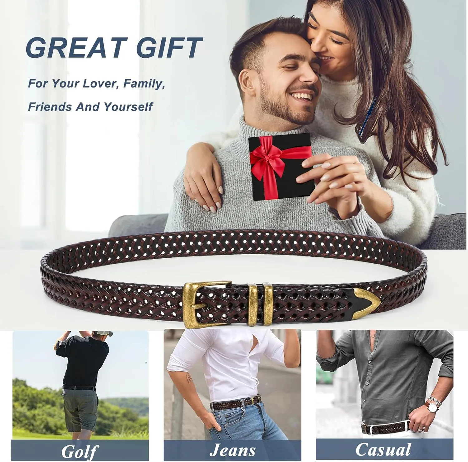 Braided Leather Belt for Men Casual Jeans Golf, Men's Leather Woven Alloy Buckle Hand Braided Belts Gift for Men