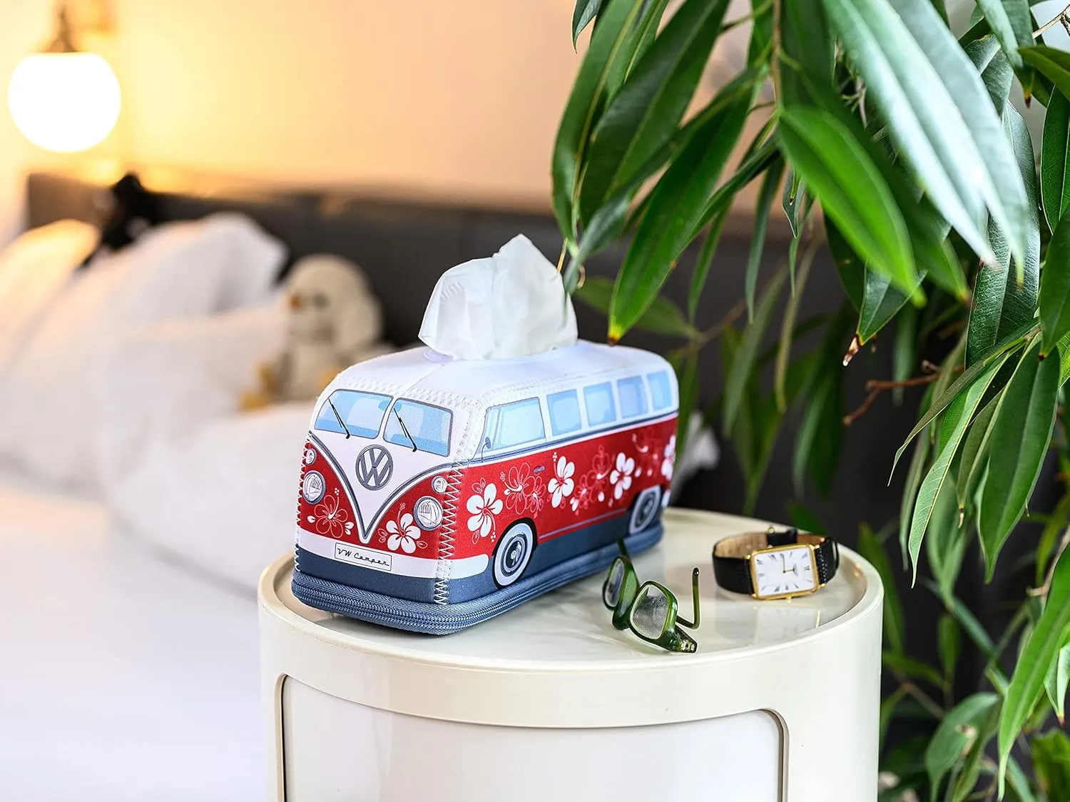 BRISA VW Collection - Volkswagen Neoprene Holder-Dispenser for Paper Tissues, Cosmetic Tissues or Napkins in T1 Bus Campervan Design (Hibiscus/Red)