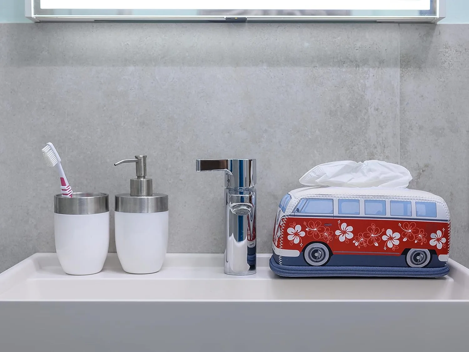 BRISA VW Collection - Volkswagen Neoprene Holder-Dispenser for Paper Tissues, Cosmetic Tissues or Napkins in T1 Bus Campervan Design (Hibiscus/Red)