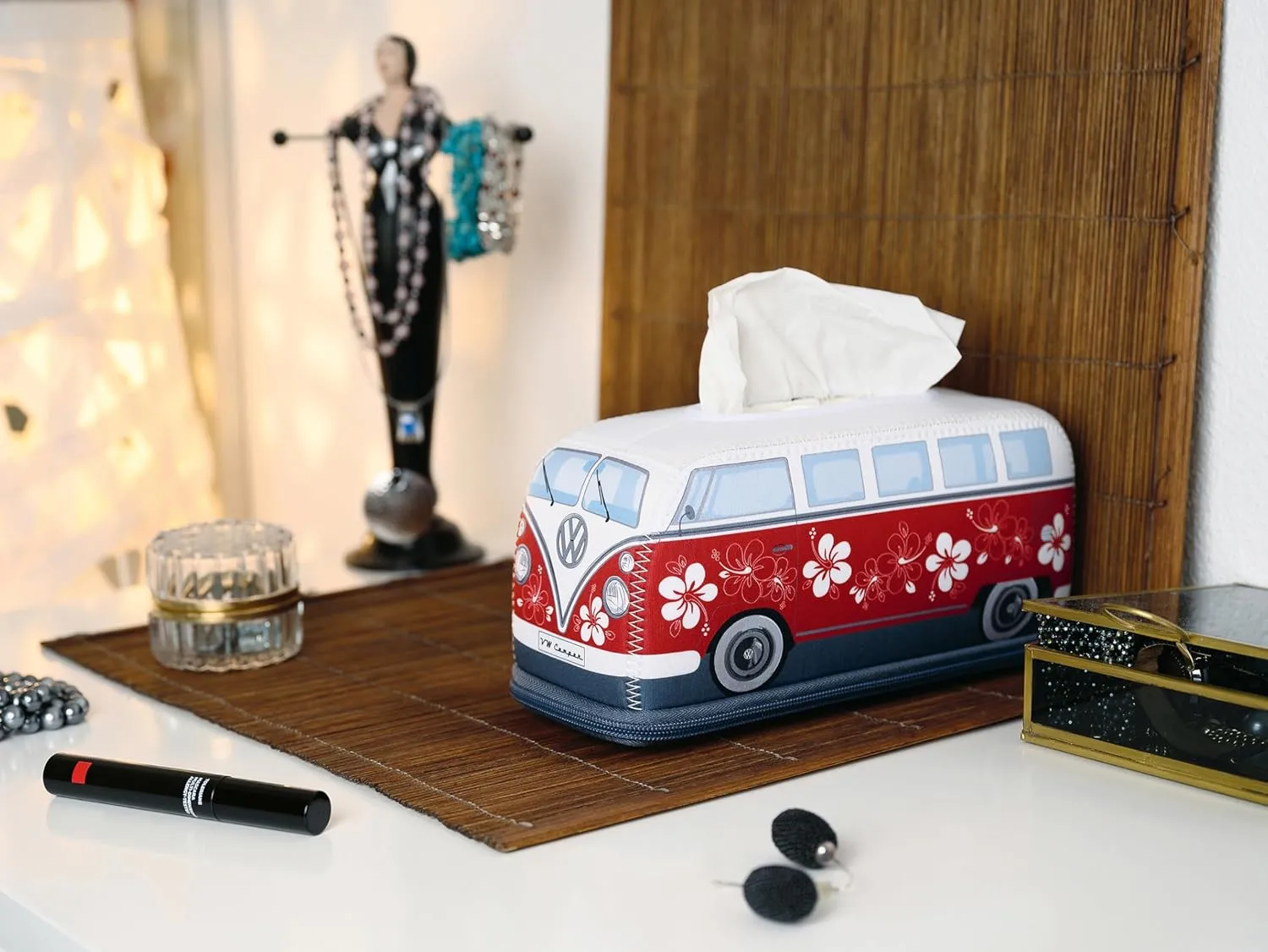BRISA VW Collection - Volkswagen Neoprene Holder-Dispenser for Paper Tissues, Cosmetic Tissues or Napkins in T1 Bus Campervan Design (Hibiscus/Red)
