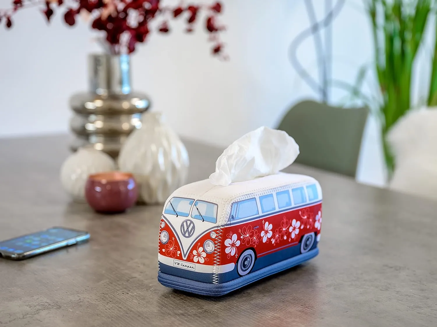 BRISA VW Collection - Volkswagen Neoprene Holder-Dispenser for Paper Tissues, Cosmetic Tissues or Napkins in T1 Bus Campervan Design (Hibiscus/Red)