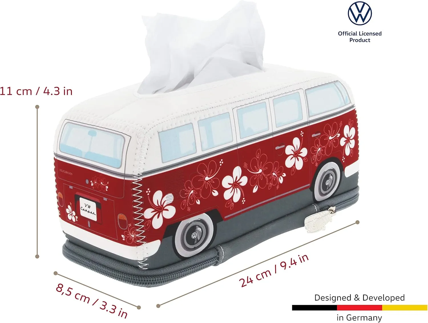 BRISA VW Collection - Volkswagen Neoprene Holder-Dispenser for Paper Tissues, Cosmetic Tissues or Napkins in T1 Bus Campervan Design (Hibiscus/Red)