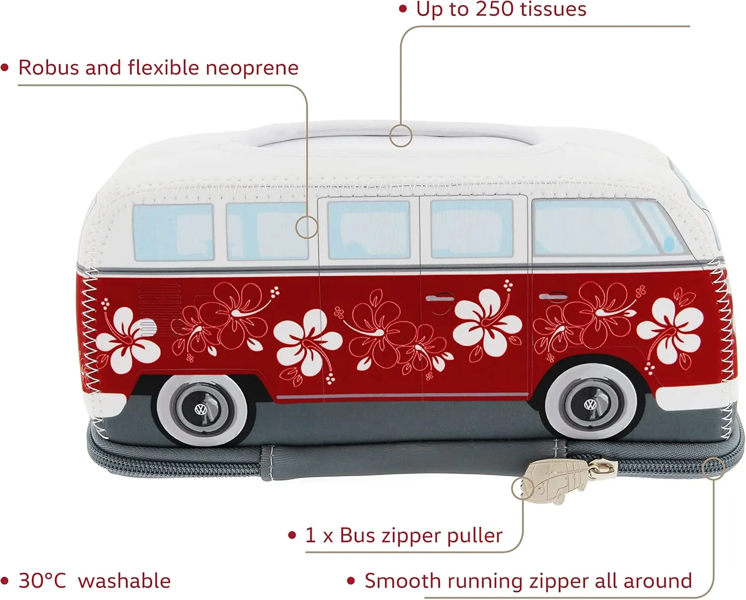 BRISA VW Collection - Volkswagen Neoprene Holder-Dispenser for Paper Tissues, Cosmetic Tissues or Napkins in T1 Bus Campervan Design (Hibiscus/Red)