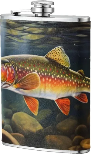 Brook Trout Fishing Wave Portable Stainless Steel Small Flagon, Outdoor Flat Pocket Liquor Flask Wine Pot Hip Flask