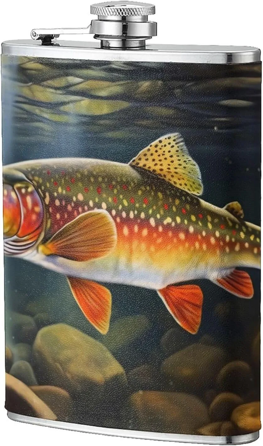 Brook Trout Fishing Wave Portable Stainless Steel Small Flagon, Outdoor Flat Pocket Liquor Flask Wine Pot Hip Flask