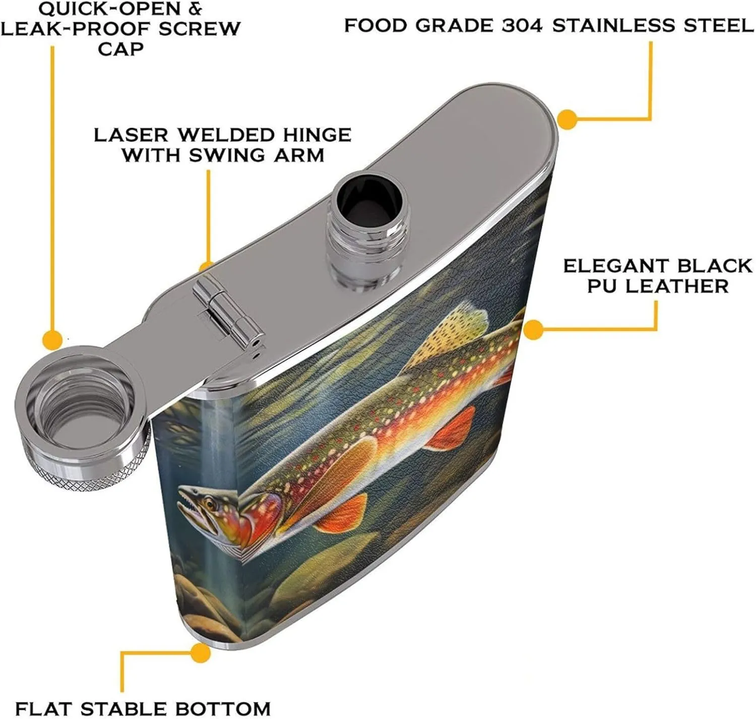 Brook Trout Fishing Wave Portable Stainless Steel Small Flagon, Outdoor Flat Pocket Liquor Flask Wine Pot Hip Flask