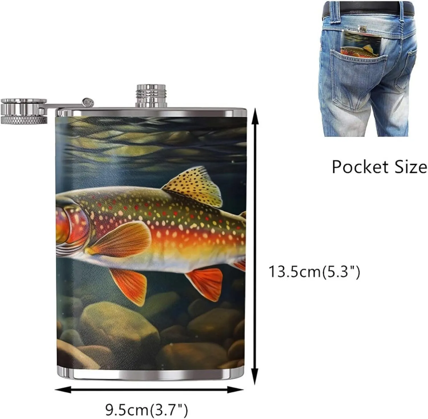 Brook Trout Fishing Wave Portable Stainless Steel Small Flagon, Outdoor Flat Pocket Liquor Flask Wine Pot Hip Flask