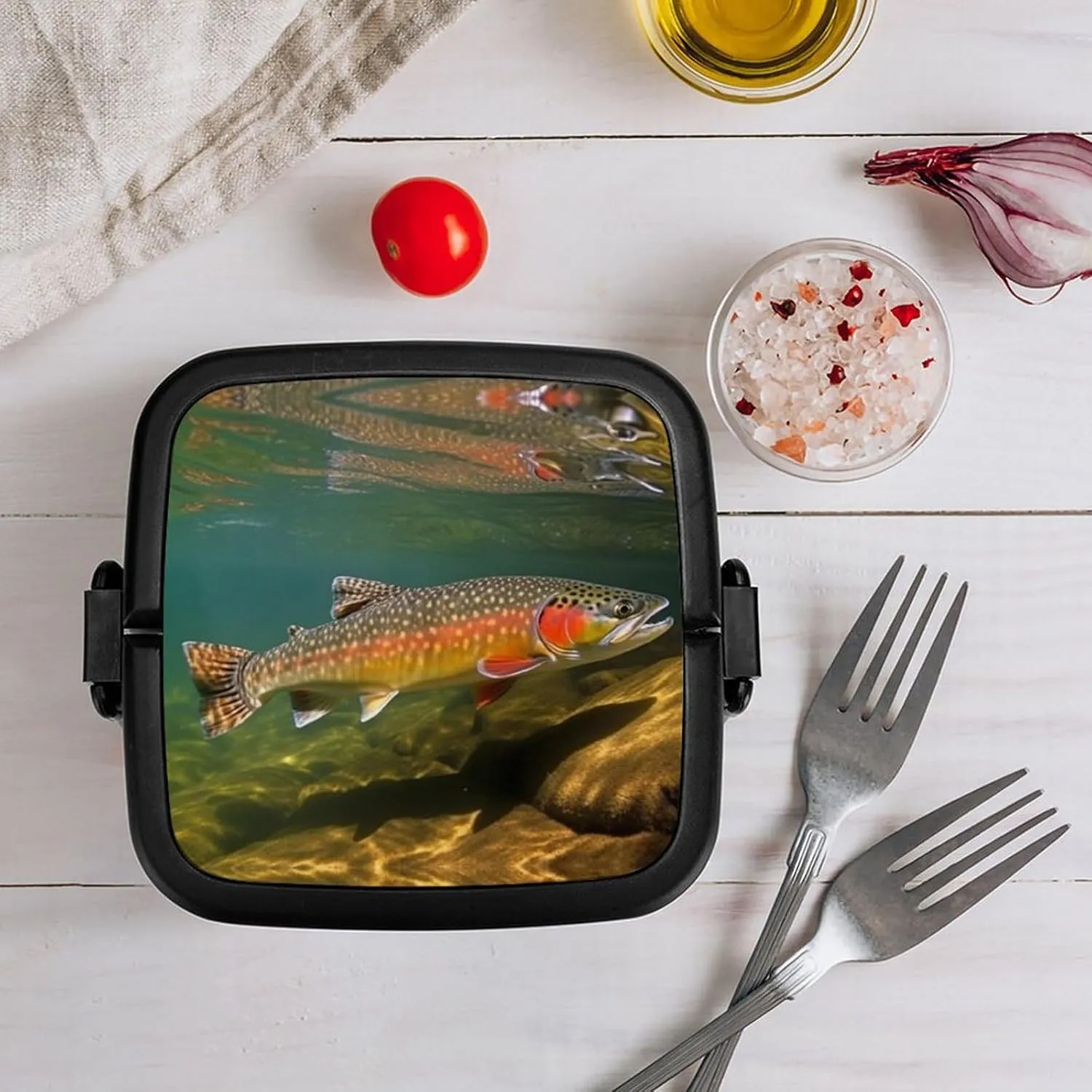 Brook Trout Fly Fishing Bento Box with Compartments Double Layer Bento Lunch Box with Spoon And Handle All-in-One Adult Lunchbox Leakproof Lunch Container for Work Picnic Travel