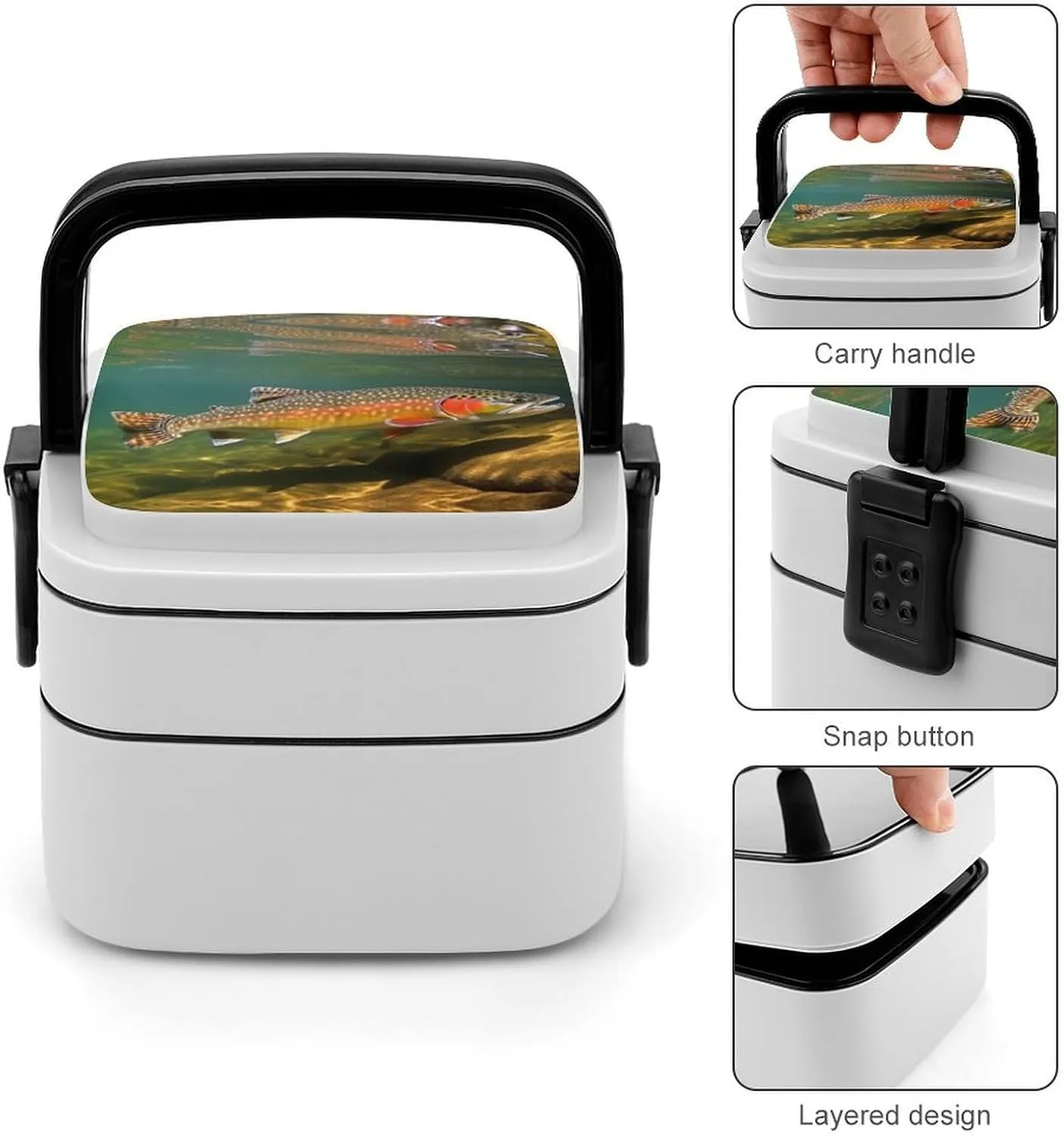 Brook Trout Fly Fishing Bento Box with Compartments Double Layer Bento Lunch Box with Spoon And Handle All-in-One Adult Lunchbox Leakproof Lunch Container for Work Picnic Travel