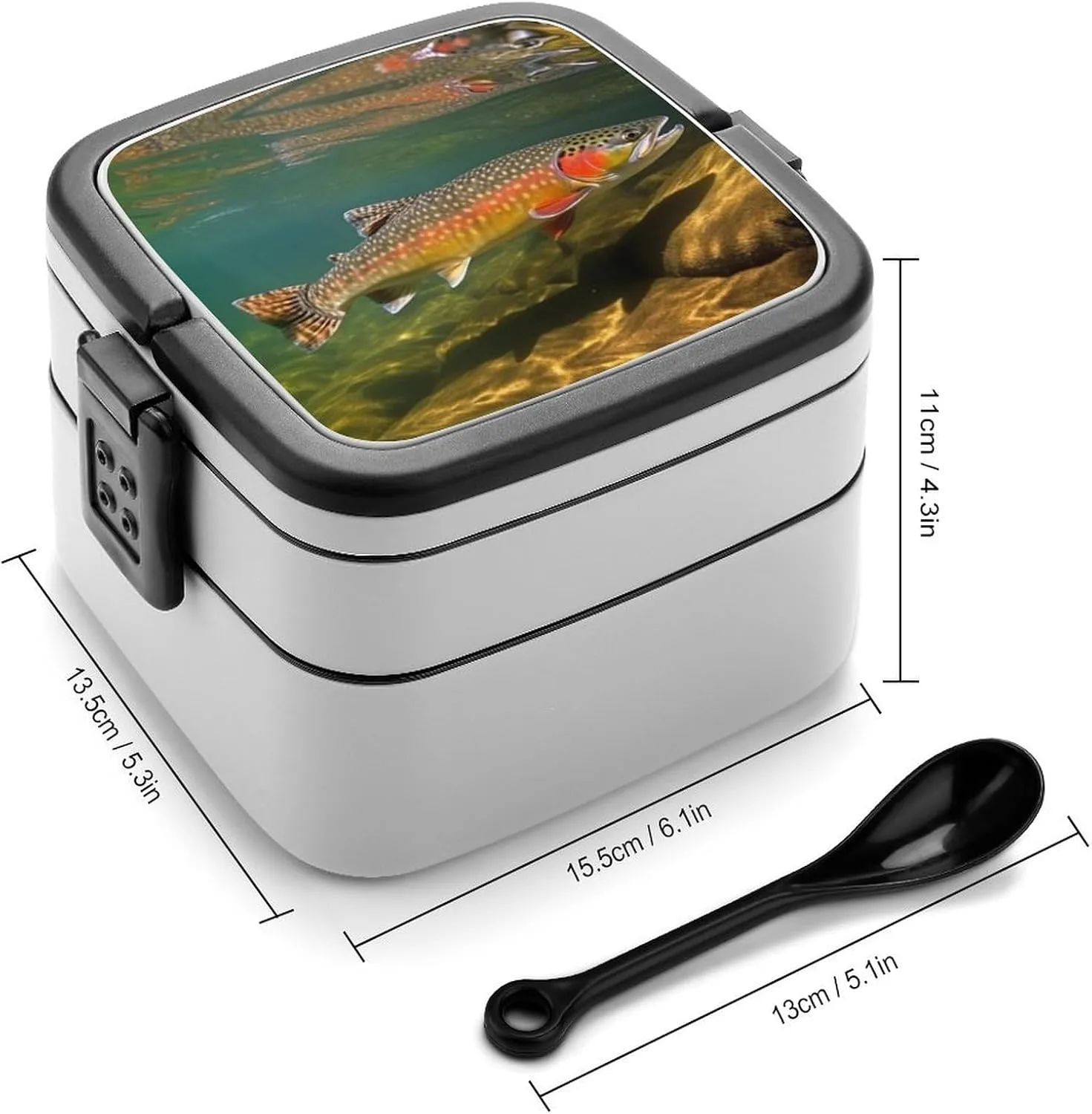 Brook Trout Fly Fishing Bento Box with Compartments Double Layer Bento Lunch Box with Spoon And Handle All-in-One Adult Lunchbox Leakproof Lunch Container for Work Picnic Travel