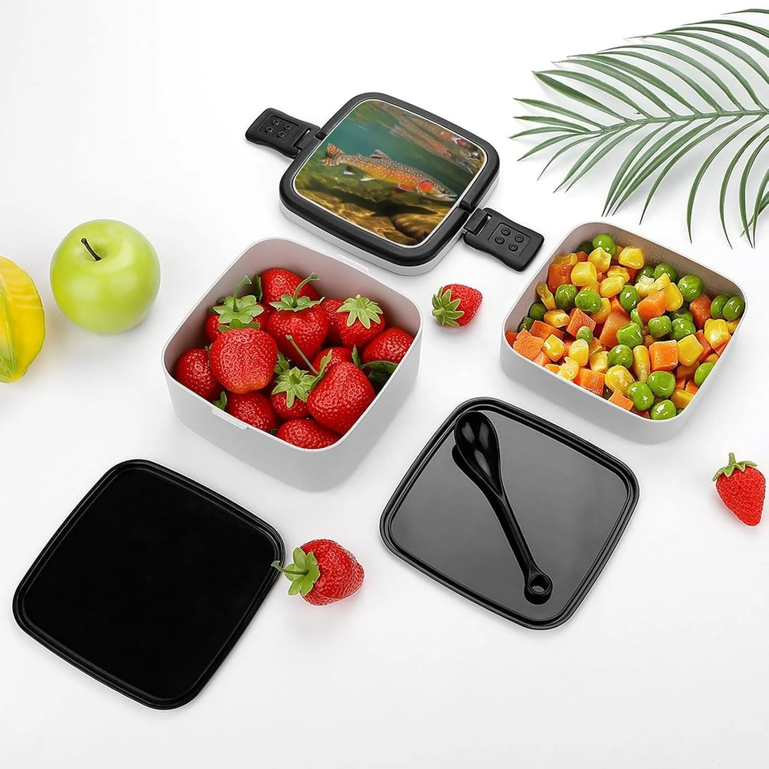 Brook Trout Fly Fishing Bento Box with Compartments Double Layer Bento Lunch Box with Spoon And Handle All-in-One Adult Lunchbox Leakproof Lunch Container for Work Picnic Travel