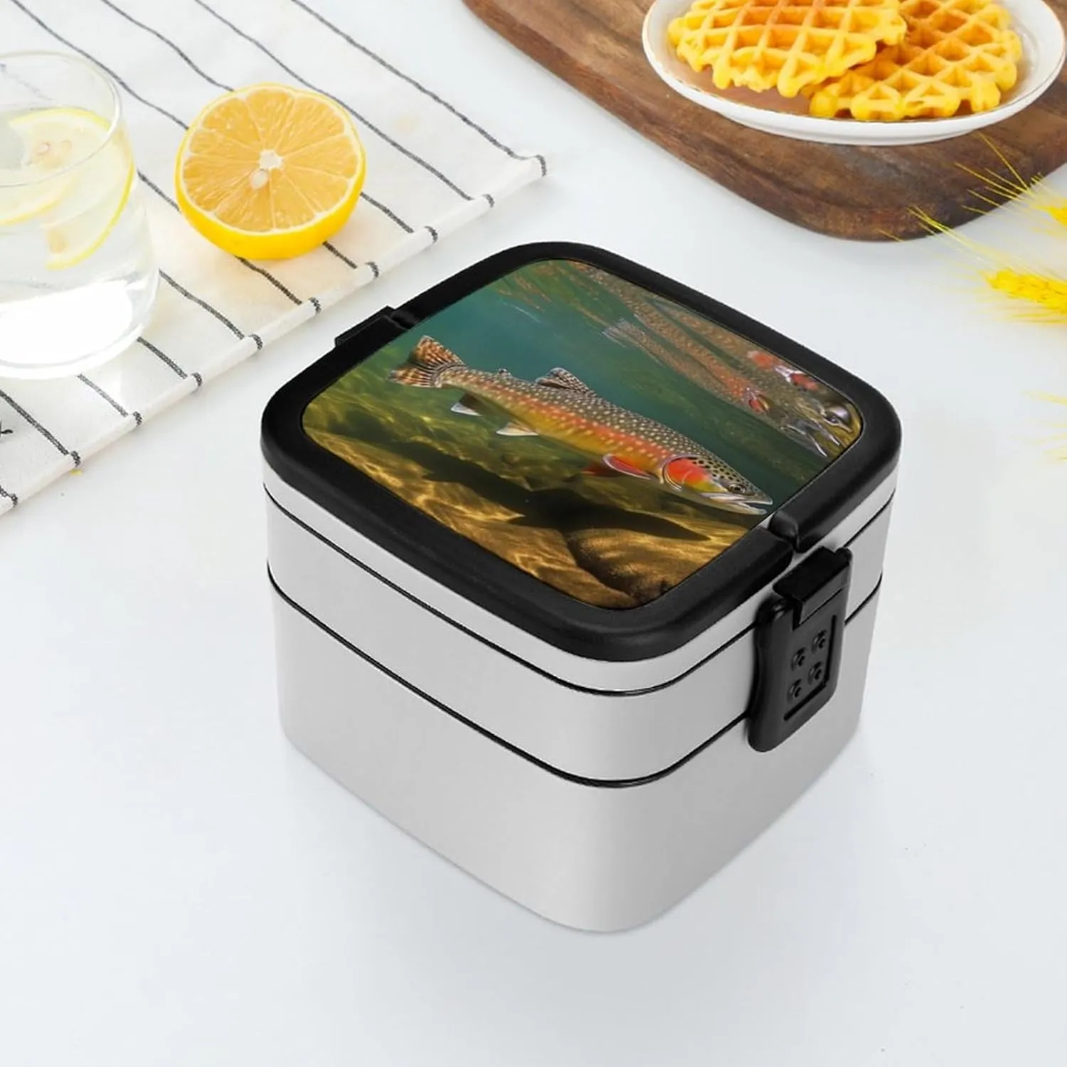 Brook Trout Fly Fishing Bento Box with Compartments Double Layer Bento Lunch Box with Spoon And Handle All-in-One Adult Lunchbox Leakproof Lunch Container for Work Picnic Travel
