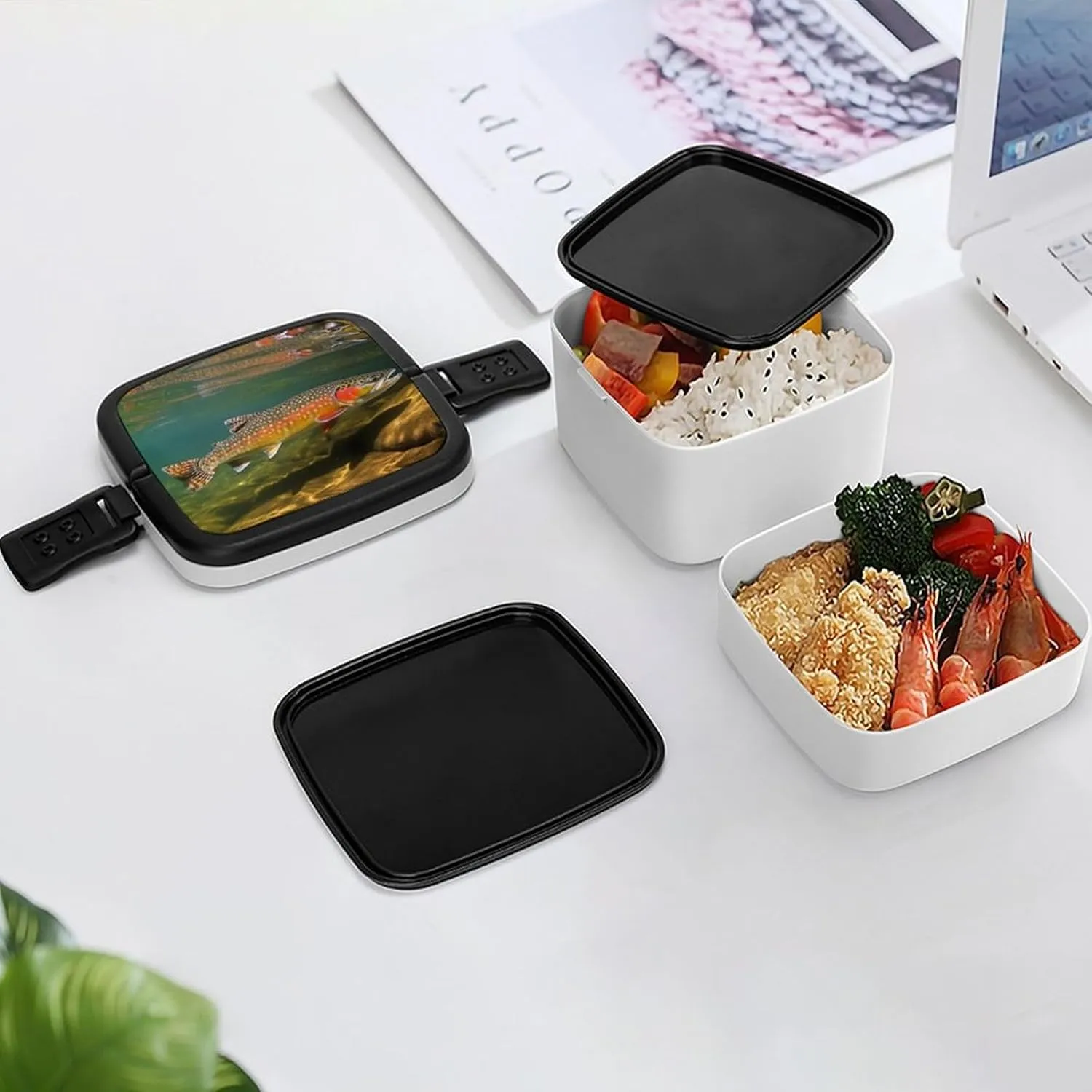 Brook Trout Fly Fishing Bento Box with Compartments Double Layer Bento Lunch Box with Spoon And Handle All-in-One Adult Lunchbox Leakproof Lunch Container for Work Picnic Travel