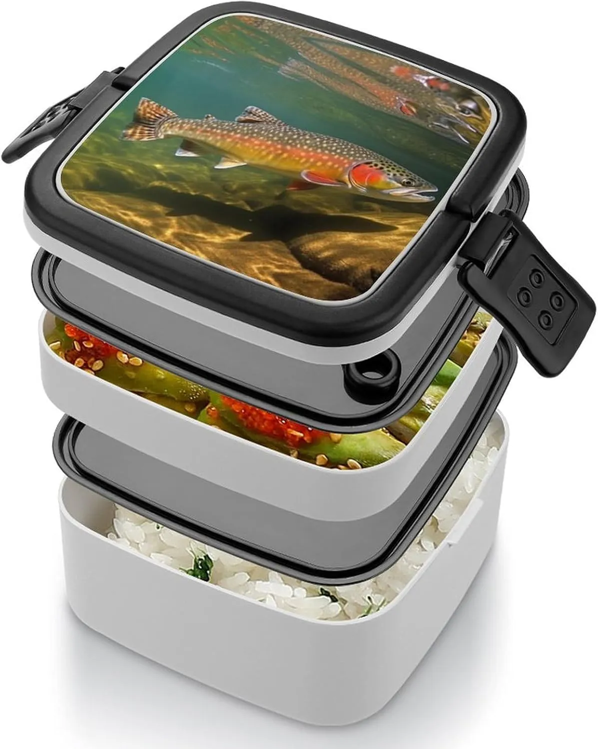 Brook Trout Fly Fishing Bento Box with Compartments Double Layer Bento Lunch Box with Spoon And Handle All-in-One Adult Lunchbox Leakproof Lunch Container for Work Picnic Travel