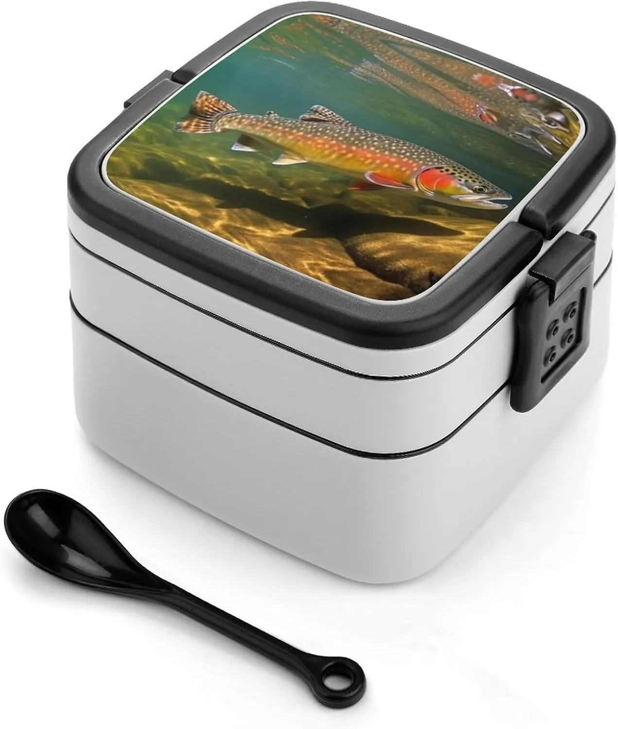 Brook Trout Fly Fishing Bento Box with Compartments Double Layer Bento Lunch Box with Spoon And Handle All-in-One Adult Lunchbox Leakproof Lunch Container for Work Picnic Travel