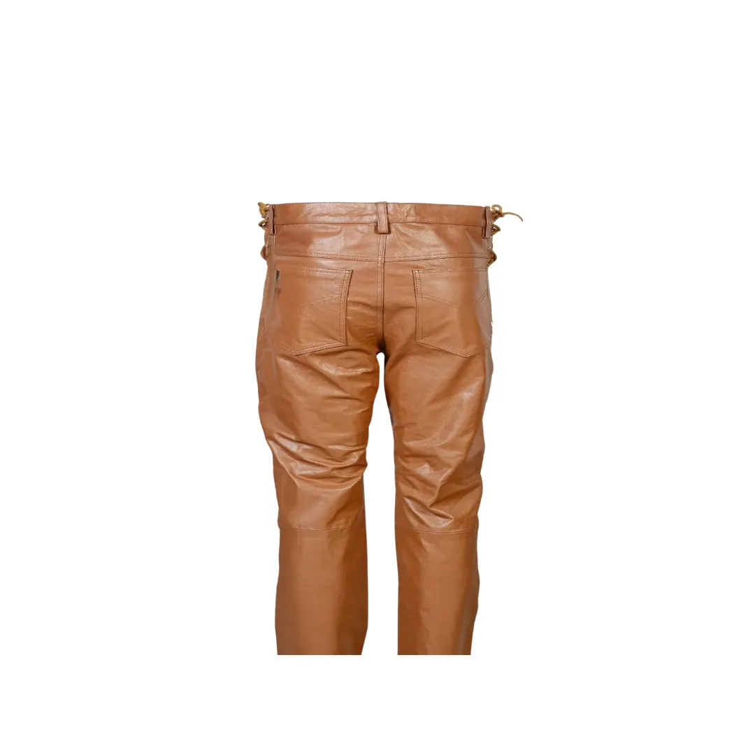 Brown Leather Biker Pant - Side Laces