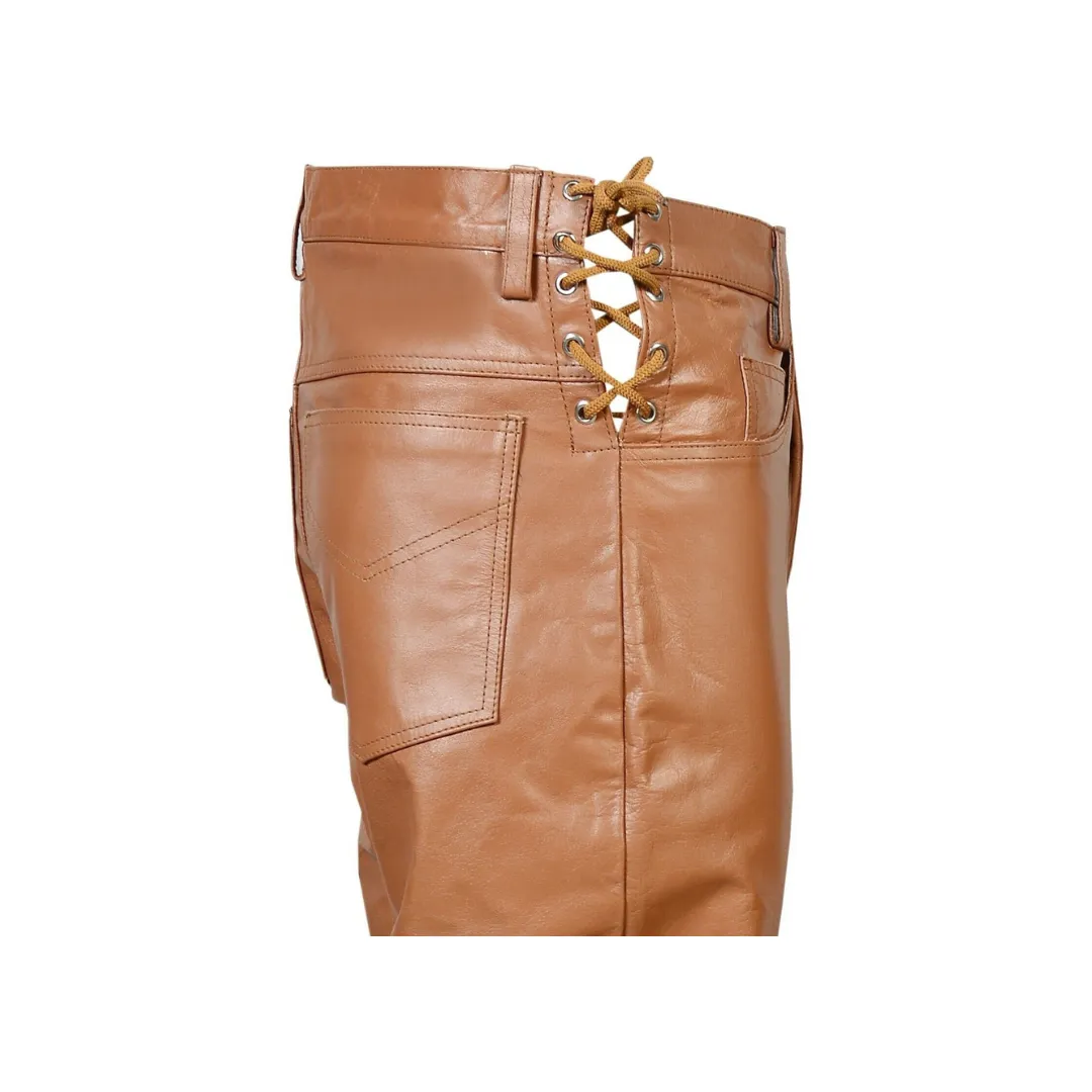 Brown Leather Biker Pant - Side Laces