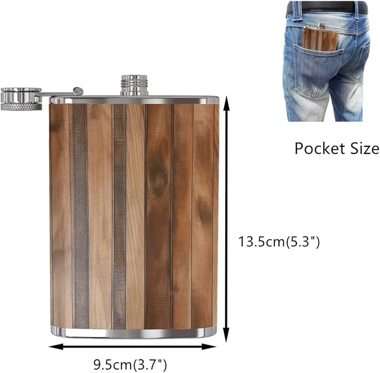 Brown Wood Portable Stainless Steel Small Flagon, Outdoor Flat Pocket Liquor Flask Wine Pot Hip Flask