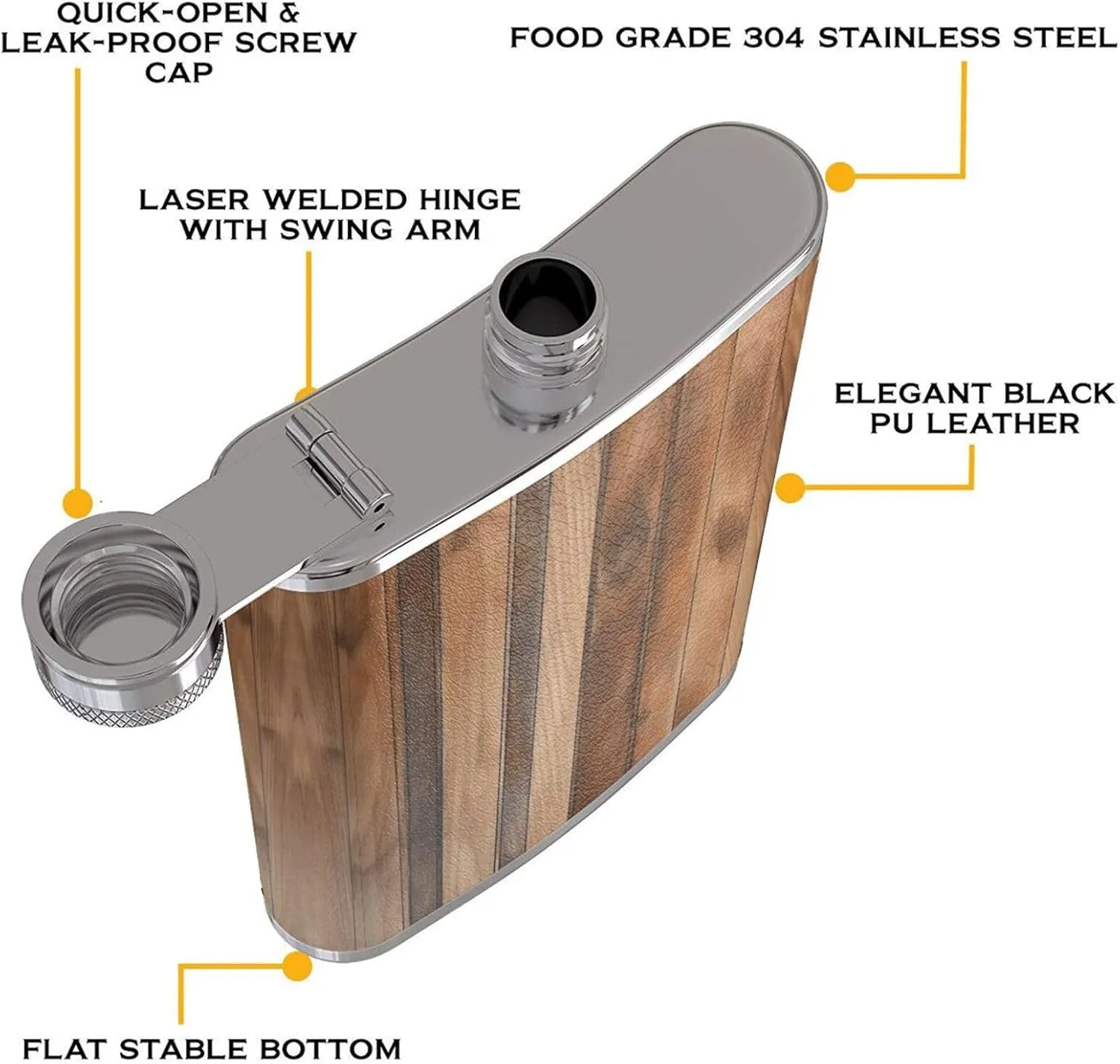 Brown Wood Portable Stainless Steel Small Flagon, Outdoor Flat Pocket Liquor Flask Wine Pot Hip Flask