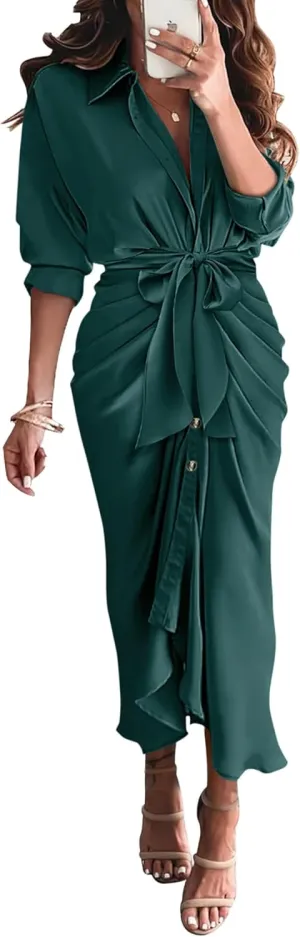 BTFBM Women Long Sleeve Satin Dress 2025 Summer Spring Lapel V Neck Button Down Elegant Belted Ruched Maxi Shirt Dresses