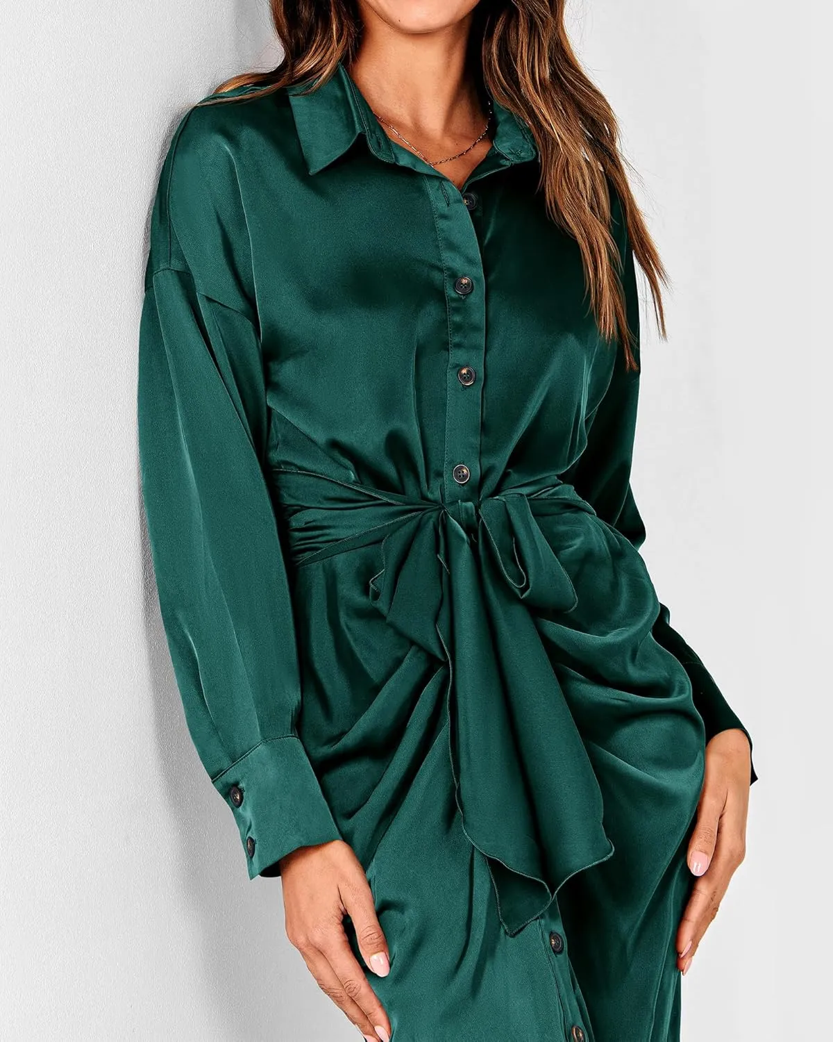 BTFBM Women Long Sleeve Satin Dress 2025 Summer Spring Lapel V Neck Button Down Elegant Belted Ruched Maxi Shirt Dresses