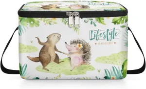Budxapjw Beaver Hedgehog Dancing Womens Lunch Bag with Shoulder Strap Flowers Leaves Reusable Men Sports Insulated Lunch Box Leakproof Cooler Tote Bag for Office Picnic Hiking Beach